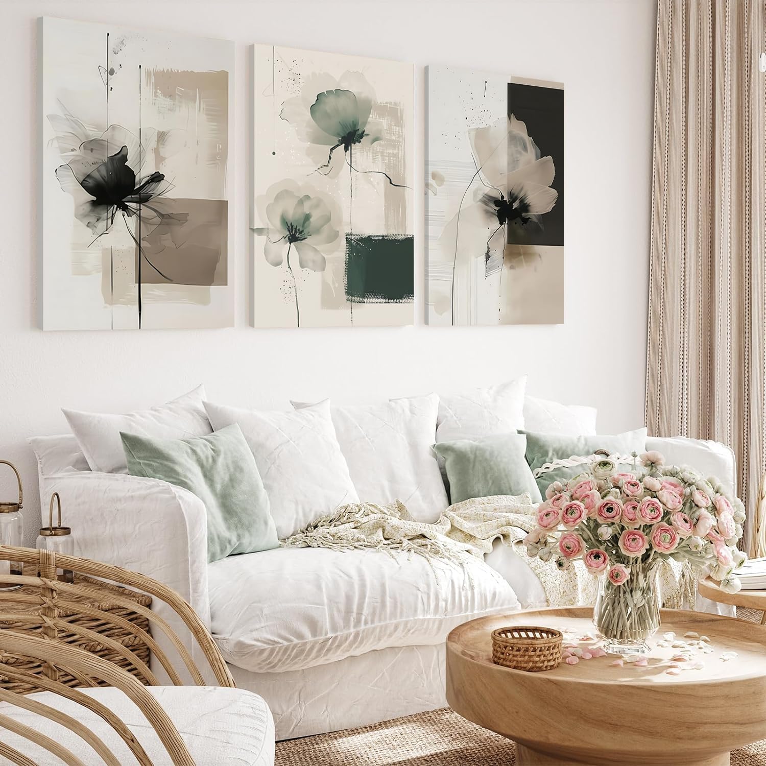 Neutral Abstract Floral Wall Art Set of 3 – Modern Beige & Black Minimalist Canvas Prints, Contemporary Large Flower Posters for Living Room Bedroom Bathroom Office Home Decor, Framed12x16 Inch