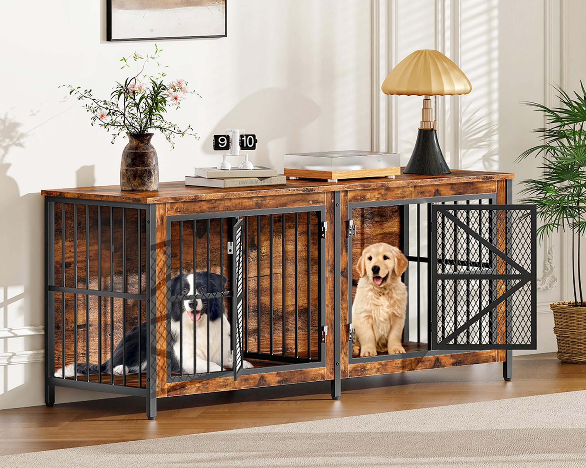 CHOEZON 71 Inch Double Dog Crate Furniture for 2 Dogs, Wooden Dog Crate End Table for Medium/Large Dogs, Dog Kennel Furniture with Divider & Double Metal Doors, Rustic Brown and Black TGW02BF - image 3