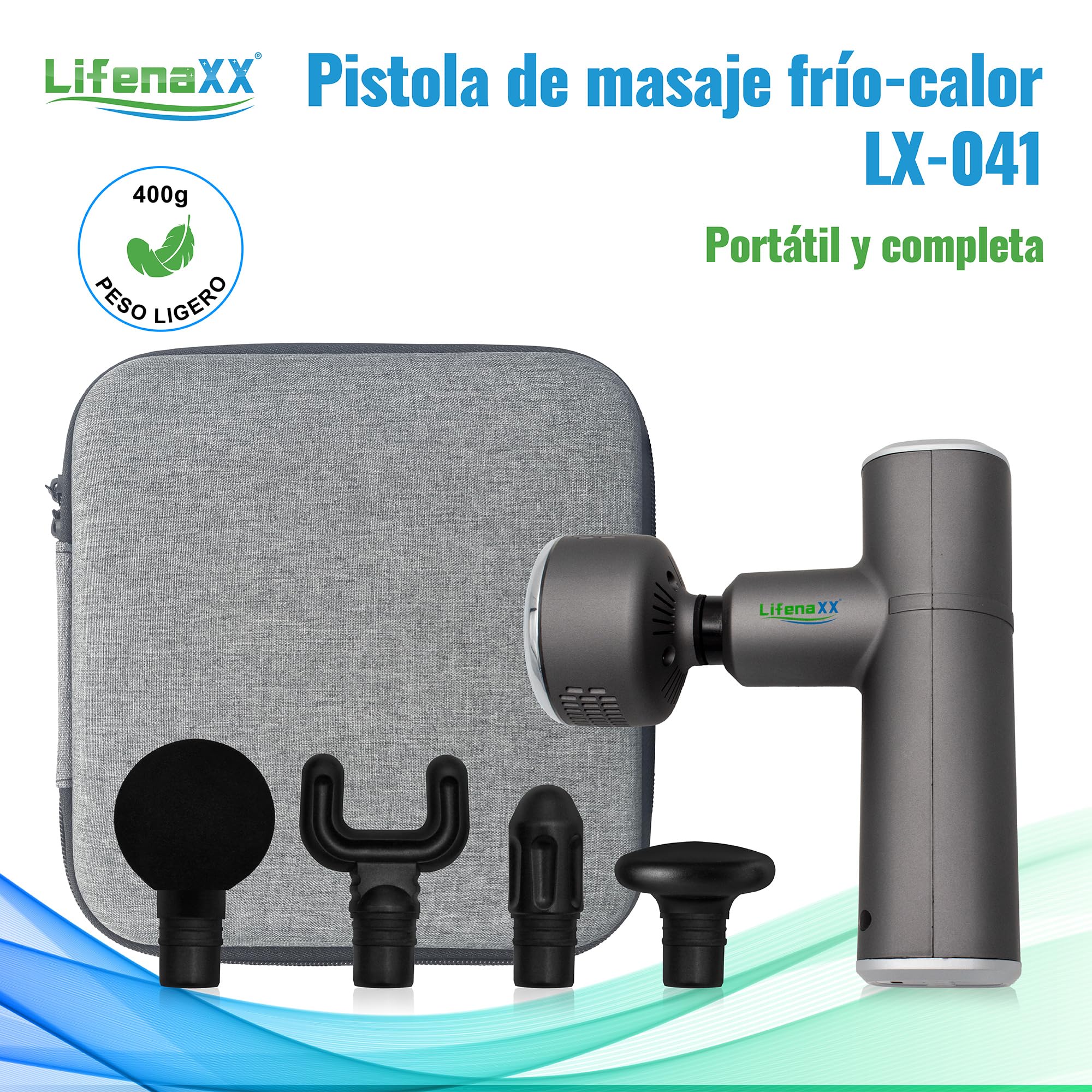 Pistola de masaje de tejido profundo Lifenaxx LX-041, 3 niveles de calentamiento y enfriamiento, 5 cabezales, 4 niveles masivos, carga USB, 2000 mAh - uso diario y después del deporte