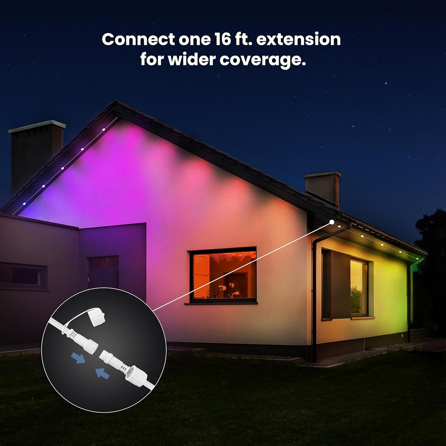 Diagram showing how to connect an extension to the Feit Electric permanent outdoor lights
