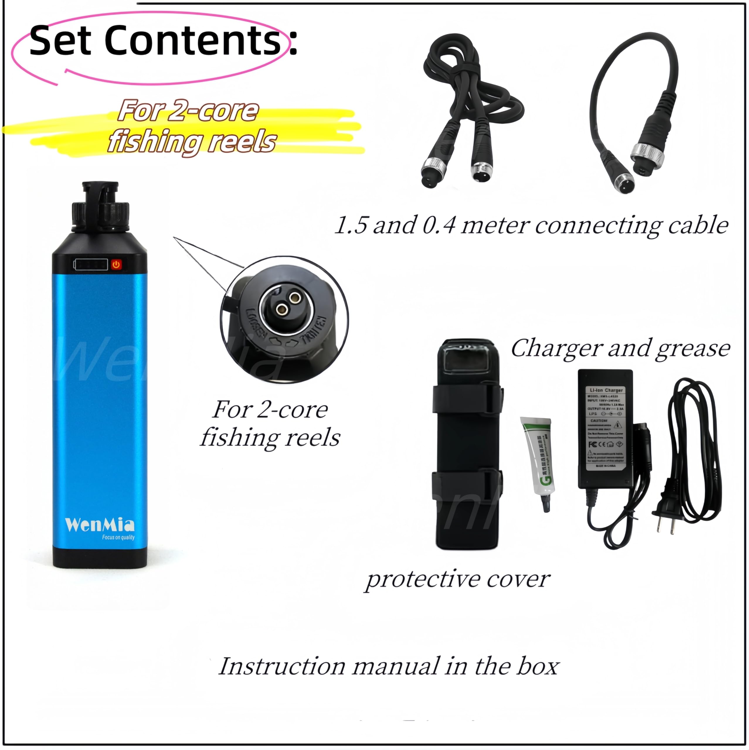 WenMia 14.8V Super Mini Electric Fishing Reel Battery IP68 Waterproof Aerospace Aluminum Body Compatible for Daiwa and Portable Design (Includes Quick Charger + 0.4m/1.5m Cable) (10000mAh)