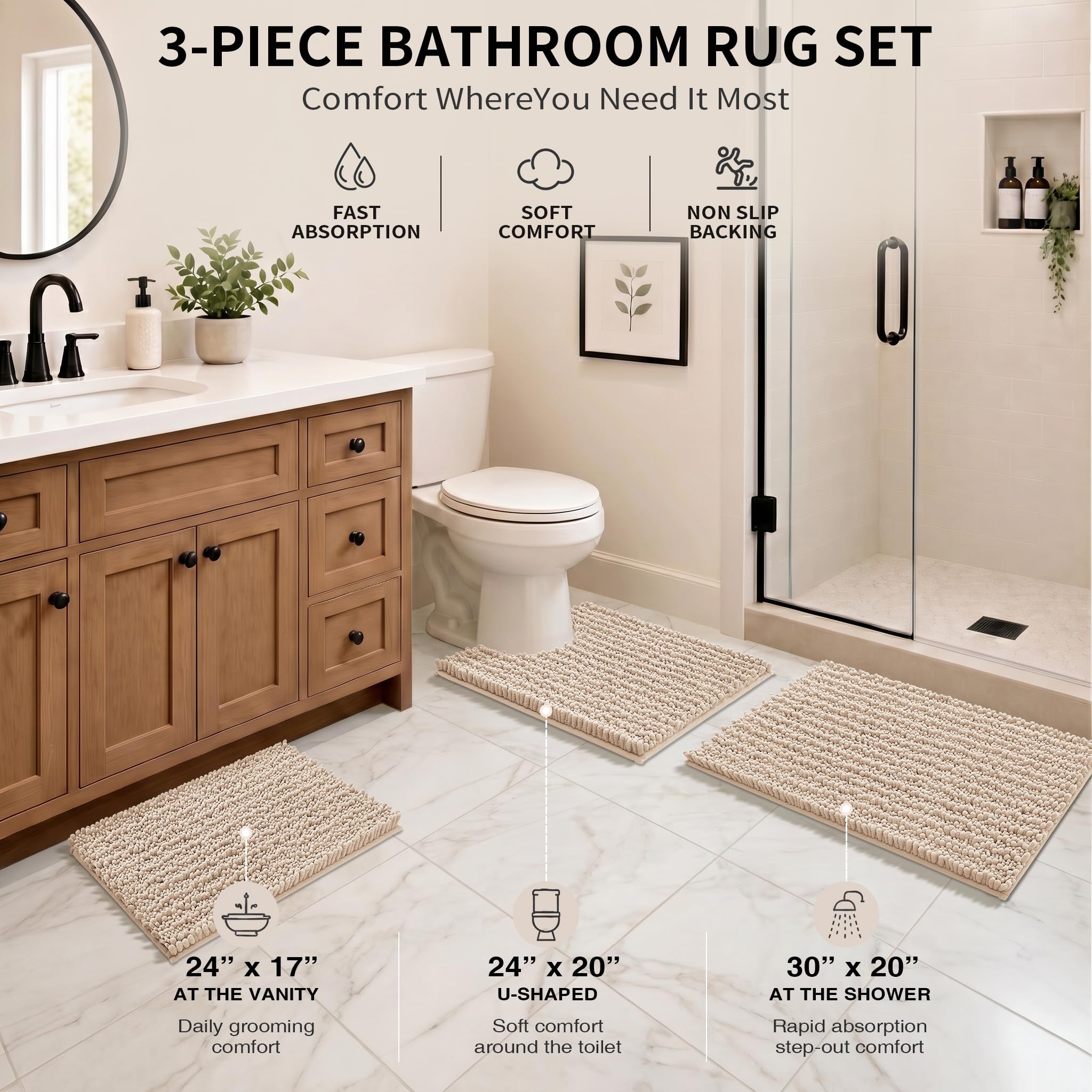 Yimobra Juego de alfombras de baño de 3 piezas, juego de tapetes de felpilla de felpa esponjosa con tapete para inodoro en forma de U, suave, esponjoso, absorbente, antideslizante, para lavabo,