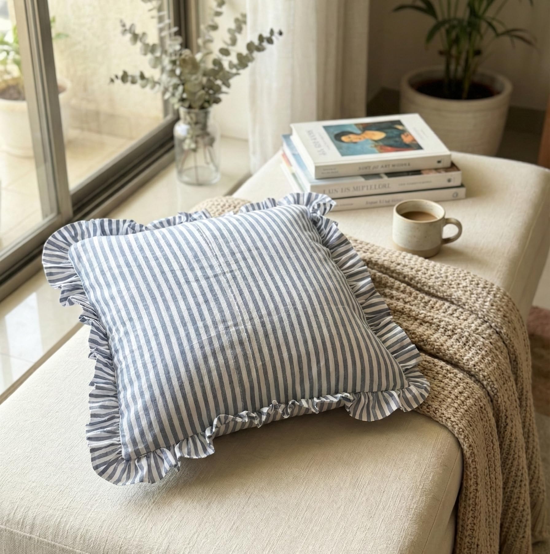 Cloud Line Cushion Cover 16"x16", Ruffle Cushion Cover, Block Printed, Stripped (Pack of 1)-image-36