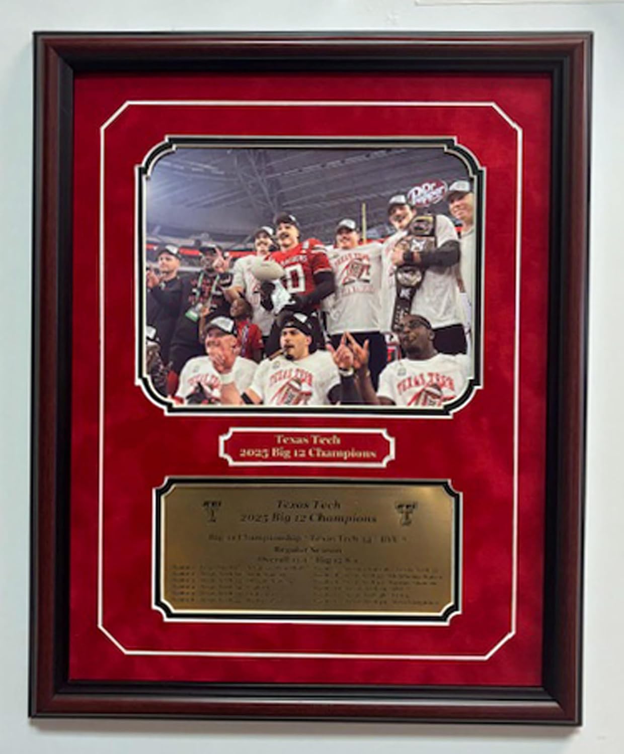 Texas Tech 2025 Big 12 Champions team 8x10 professionally framed and double matted with an engraved nameplate with the season game results Optional frame color (Black)