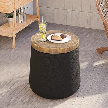 HOMPUS Outdoor Concrete Side Table, Modern Cylinder Pedestal End Table, Home Decor Small Accent Table w Wood Grain Top, Multi-Functional Round MgO Coffee Table, Round Planter Stand for Garden, Black