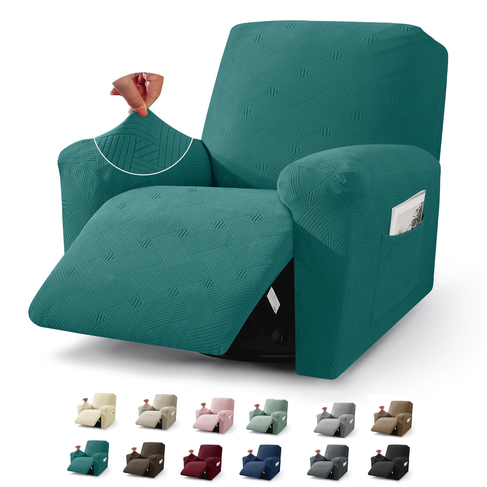 JIVINER Recliner Chair Covers, Jacquard 3 Piece Slipcovers for Recliner Chair Soft Stretch Lazy Boy 1 Seater Reclining Protector with Pockets (