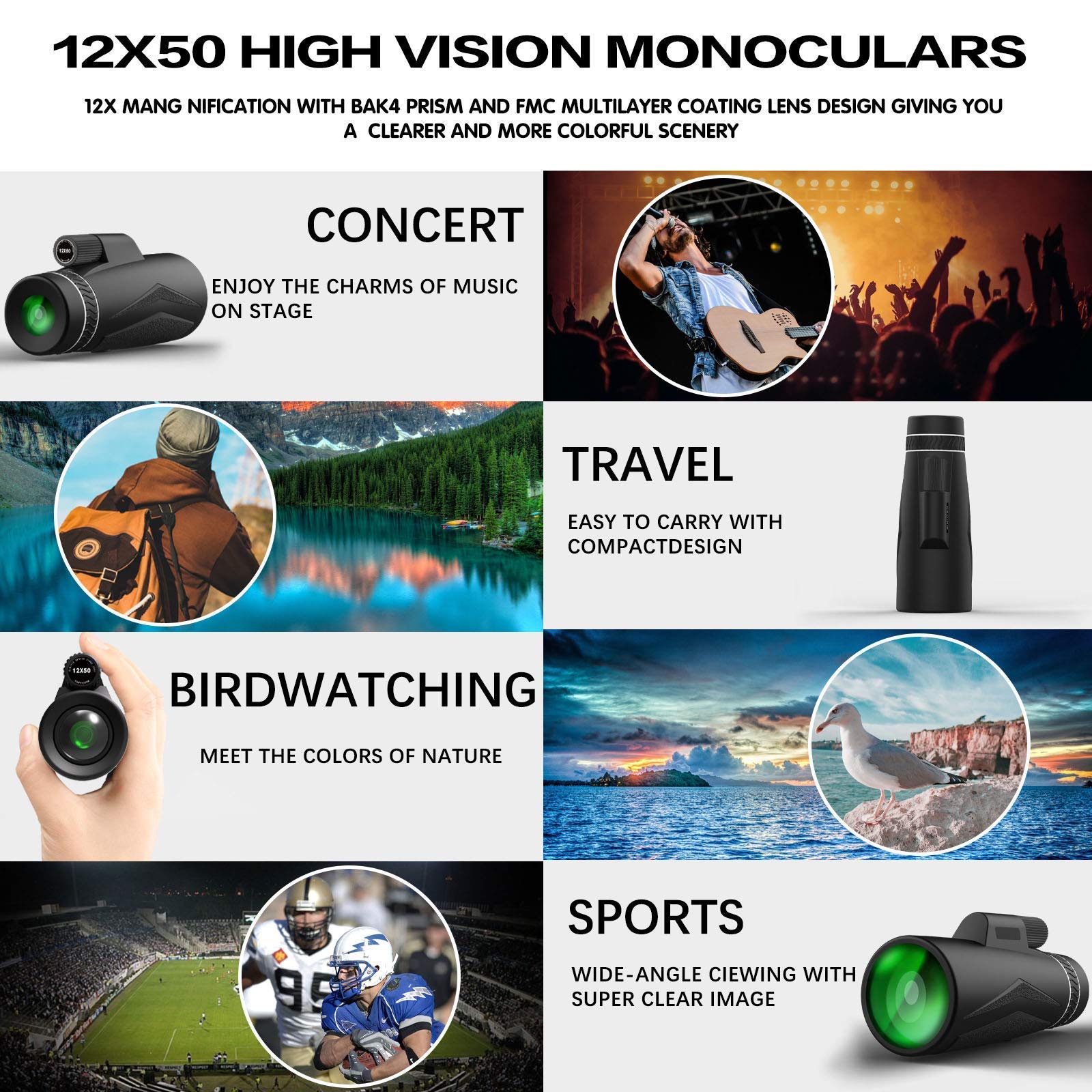 Monokular HD 12X50 o dużej mocy z uchwytem na smartfon i statywem IPX7 Wodoodporny do wspinaczki i obserwacji ptaków Koncert mecz piłki nożnej -