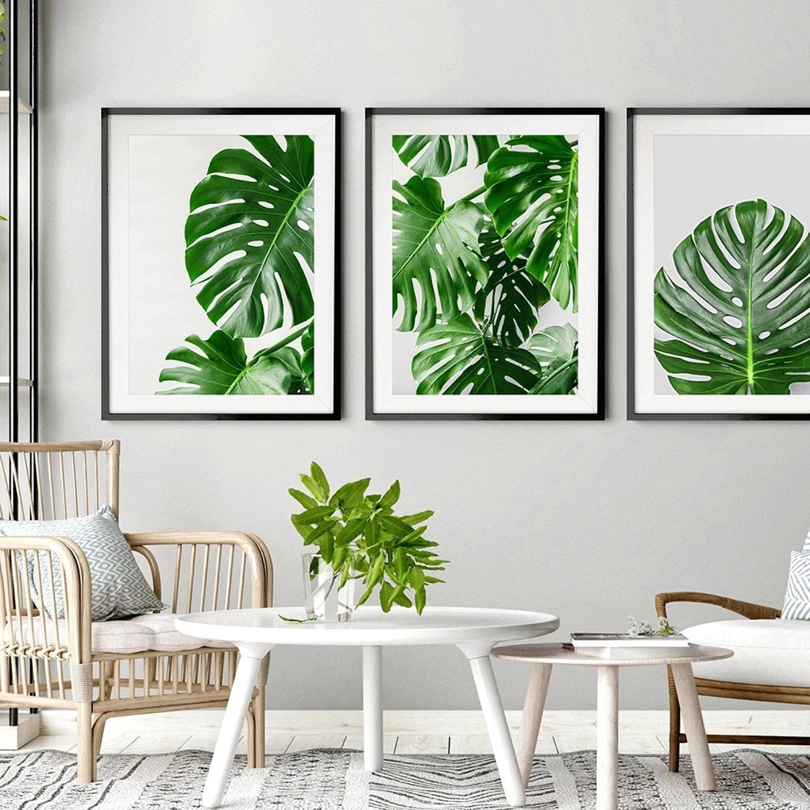 Arte de pared nórdico lienzo estampado de plantas pintura moderna decoración del hogar imagen Monstera hoja tropical cartel de planta verde (16x24in) 40x60cmx3 marco interno