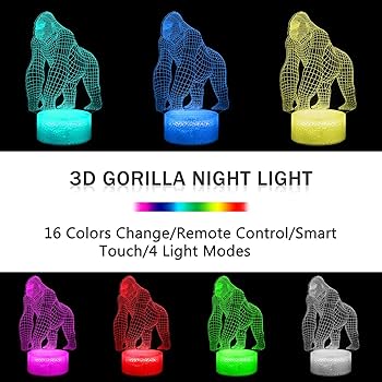 BASSI 3D Gorilla Lamp for Kids, 16 Colors Changing Remote