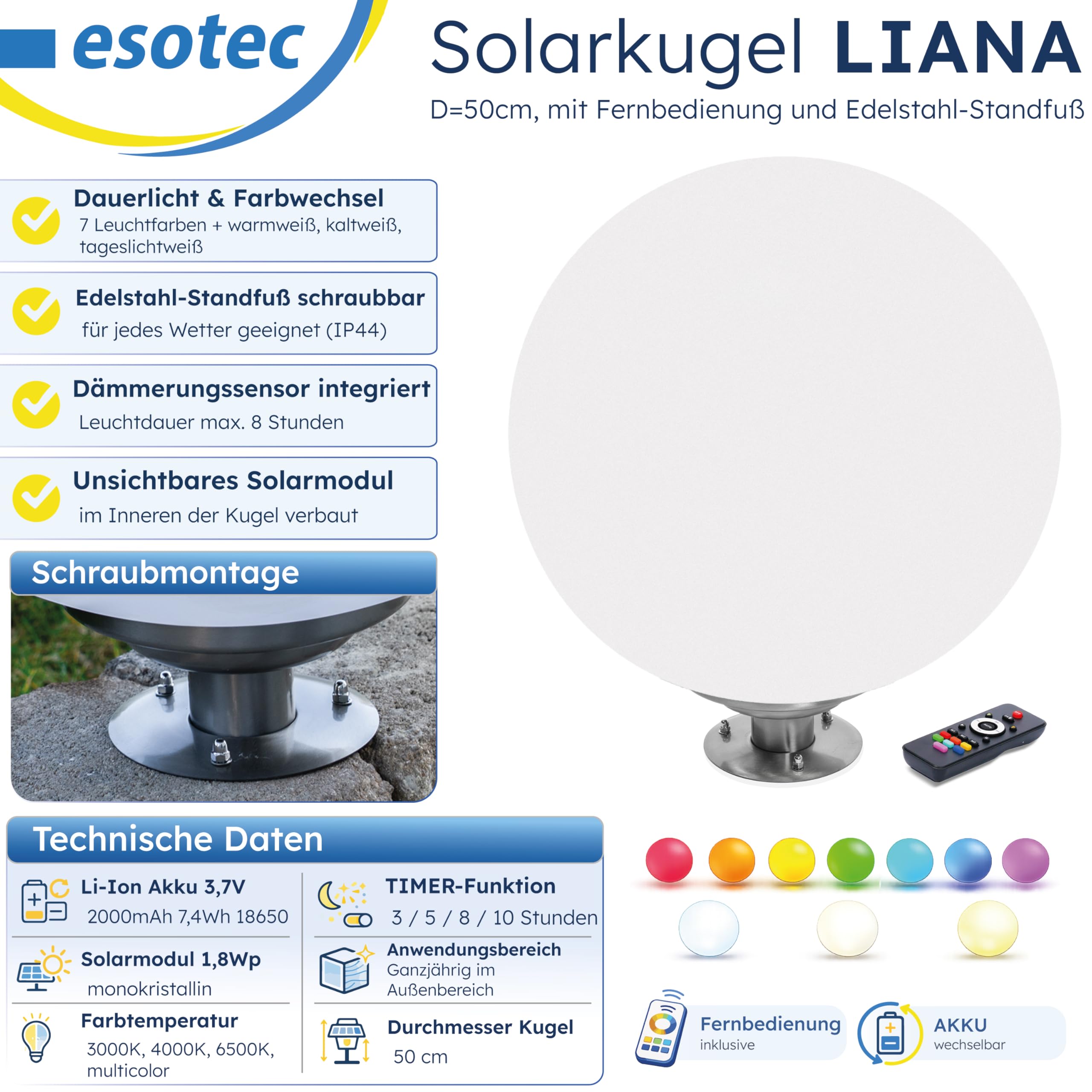 Esotec Solar Leuchtkugel Liana 50 CCT, multicolor, Fernbedienung, Edelstahl Standfuß, Li-Ion Akku, RGB LED Gartenkugel, Solarkugel, IP44, wetterfest, winterfest, außen, D=50cm, 102665
