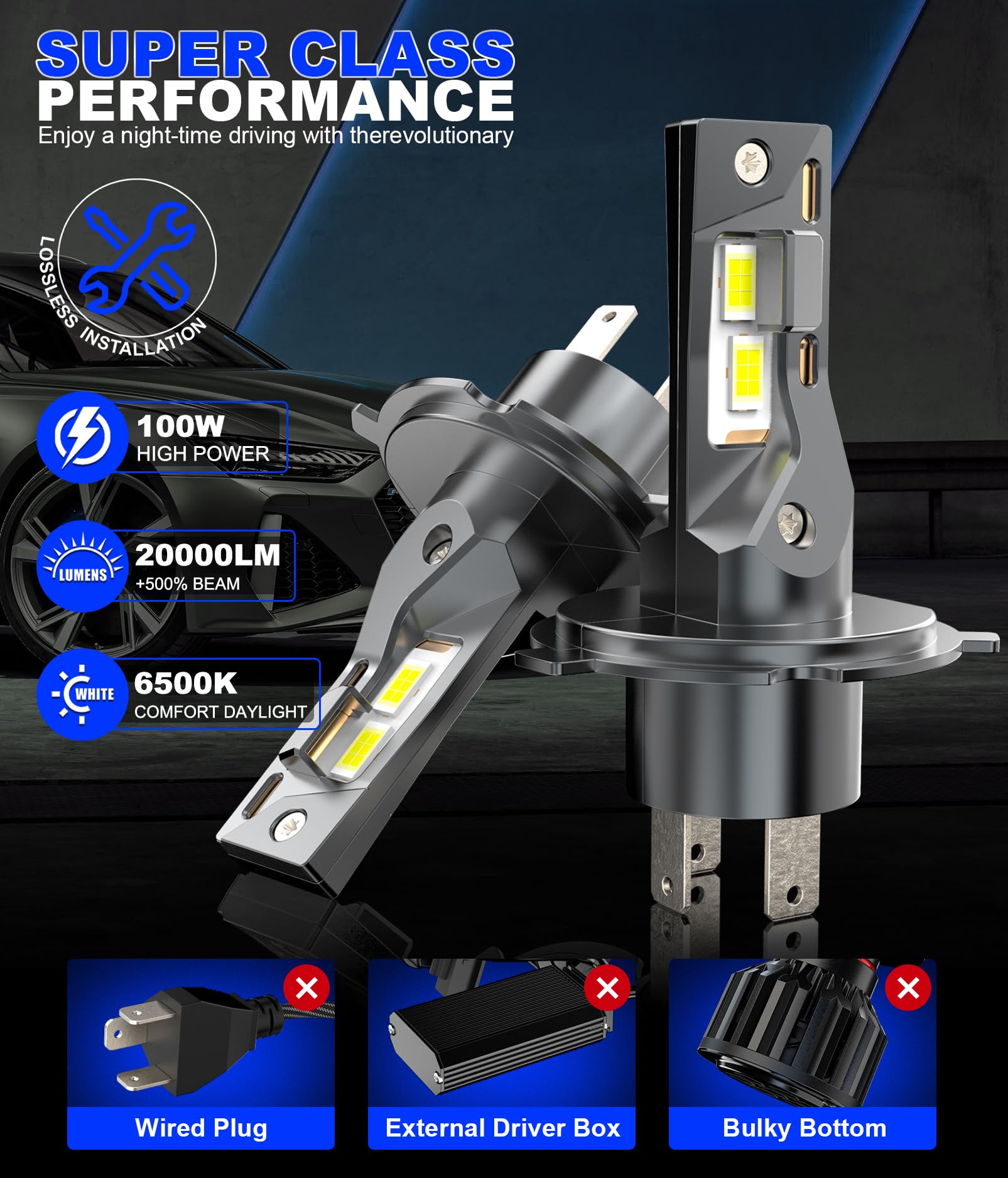 H4 LED 20000lm 100W, Lampadine Per Fari Auto e Moto, Kit Lampadina 12v per Abbaglianti o Anabbaglianti, Dimensioni 1:1 Alogena, Plug and Play, Luce Bianca 6500k, 2 Lampade LED H4