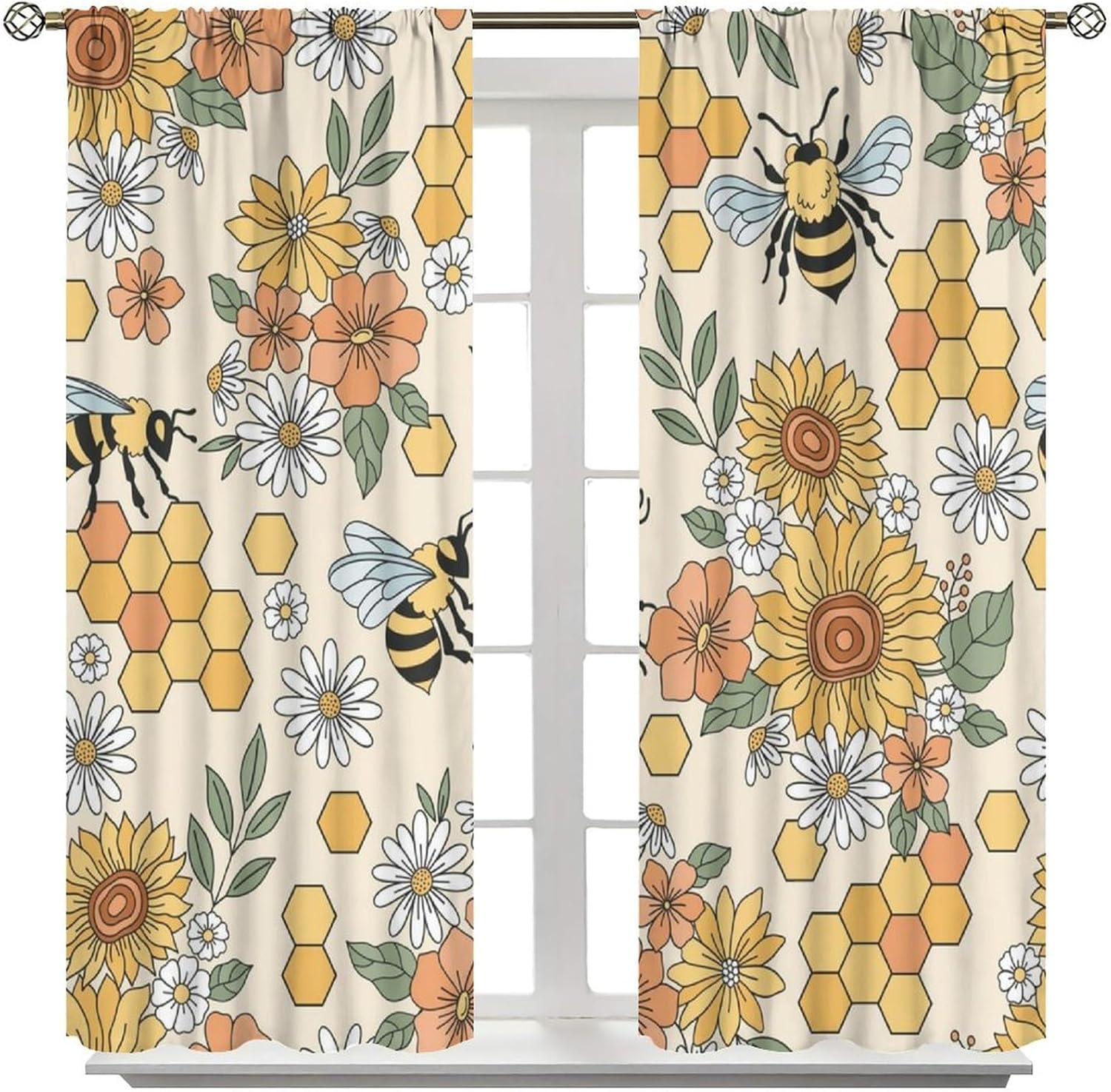 Bee Curtains Flower Honeycomb White Daisy Art Printed Blackout Window Drapes for Bedroom Living Room Kitchen Decor Fabric Set 2 Panel 42x45 Inch 80% Shading Rate