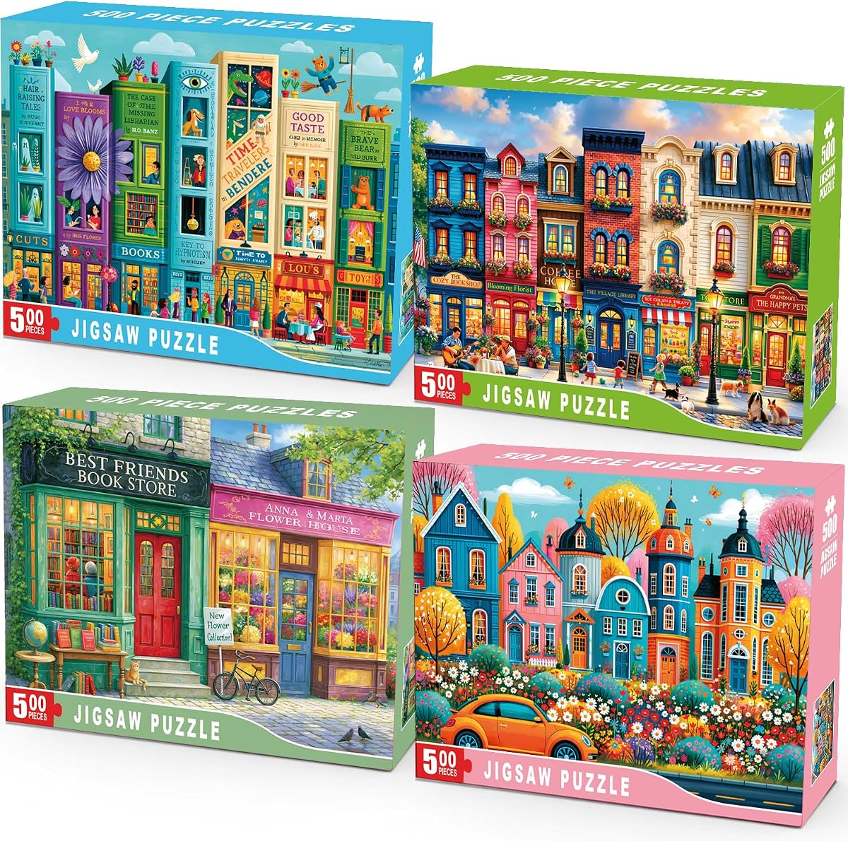 4-Pack 500 Piece Puzzles for Adults, Bookshop Main Street, Flower Shop & Storybook Village Jigsaw Puzzles 500 Pieces, Colorful Scenic Family Game Gifts for Home Decor Wall Art