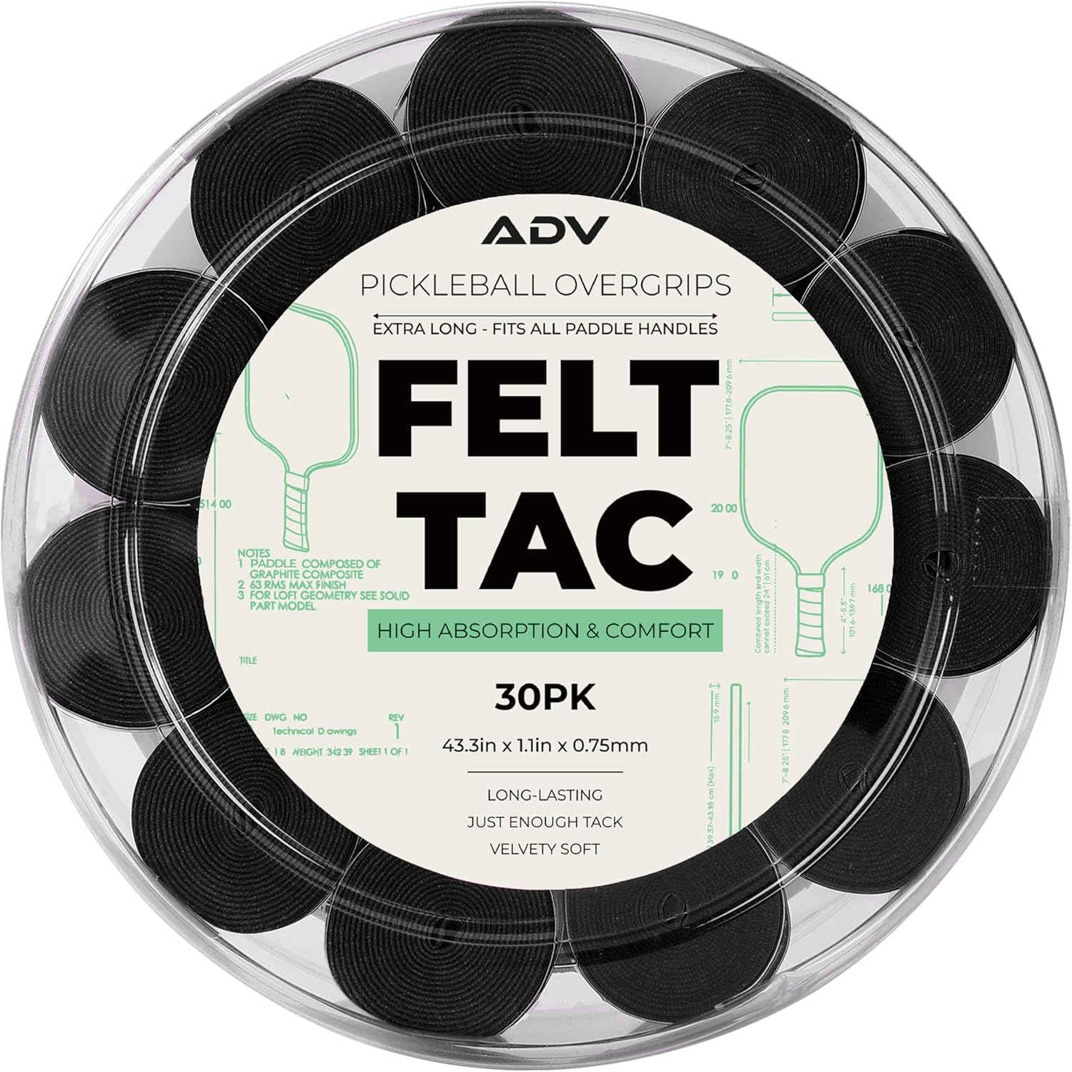 ADV Felttac Pickleball Grip Tape - 3, 6, 12, 30 Pack - Soft, Very Durable, Sweat Absorbing Pickleball Overgrip Tape - Dry & Comfortable Pickleball Paddle Grip Tape - Easy to Use & Easy to Install