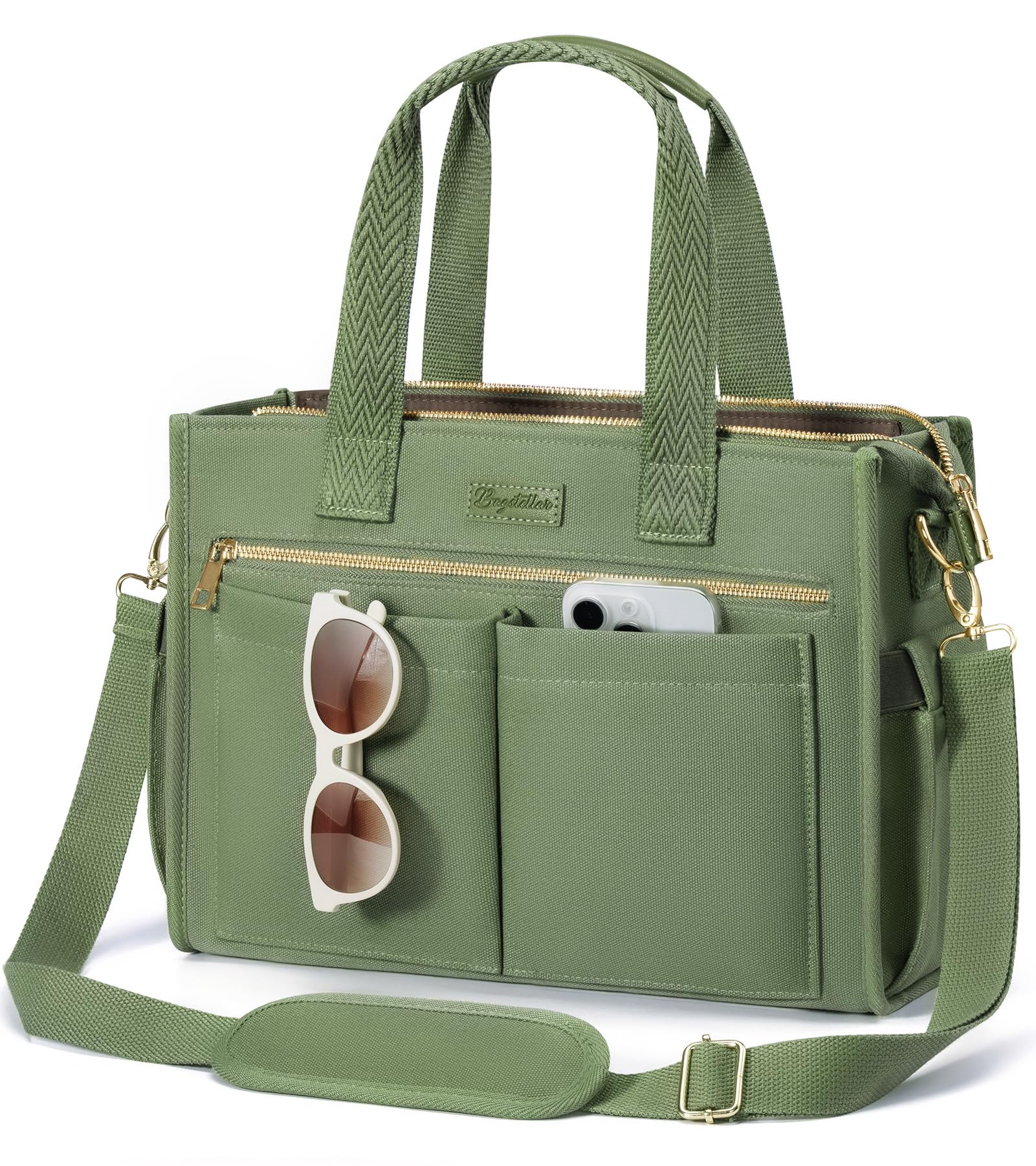 Canvas Tote Bag for Women, 15-Pockets Work Laptop Tote Purse Large Crossbody Nurse Teacher Bible Bag for School Travel Daily