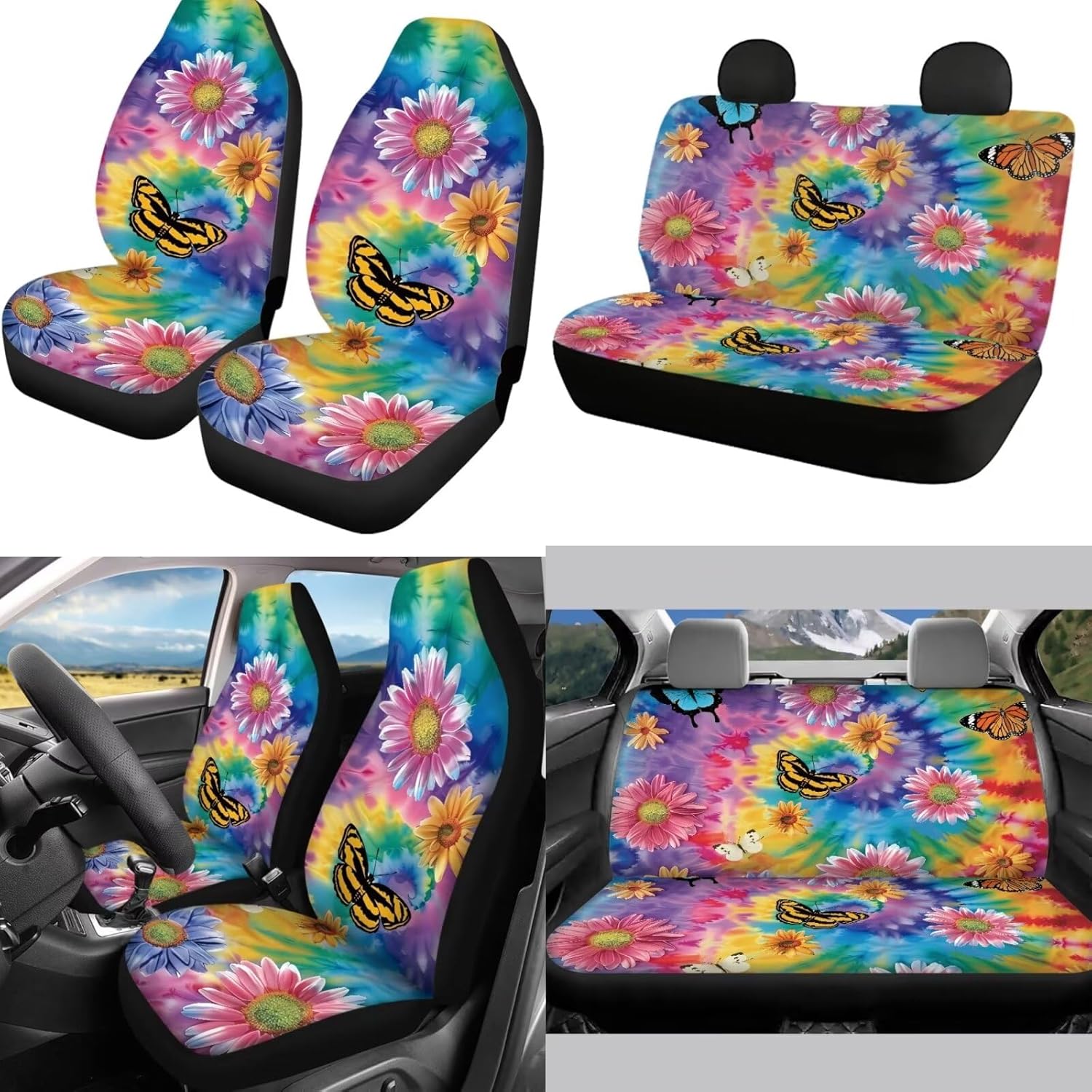 Tie Dye Butterfly Auto Interior Accessories Decor Car Seat Belt Shoulder Pads 15 Inch Steering Wheel Arm Rest Cover Front Back Seat Cushion for Cars Trucks Van SUV,8 Pcs