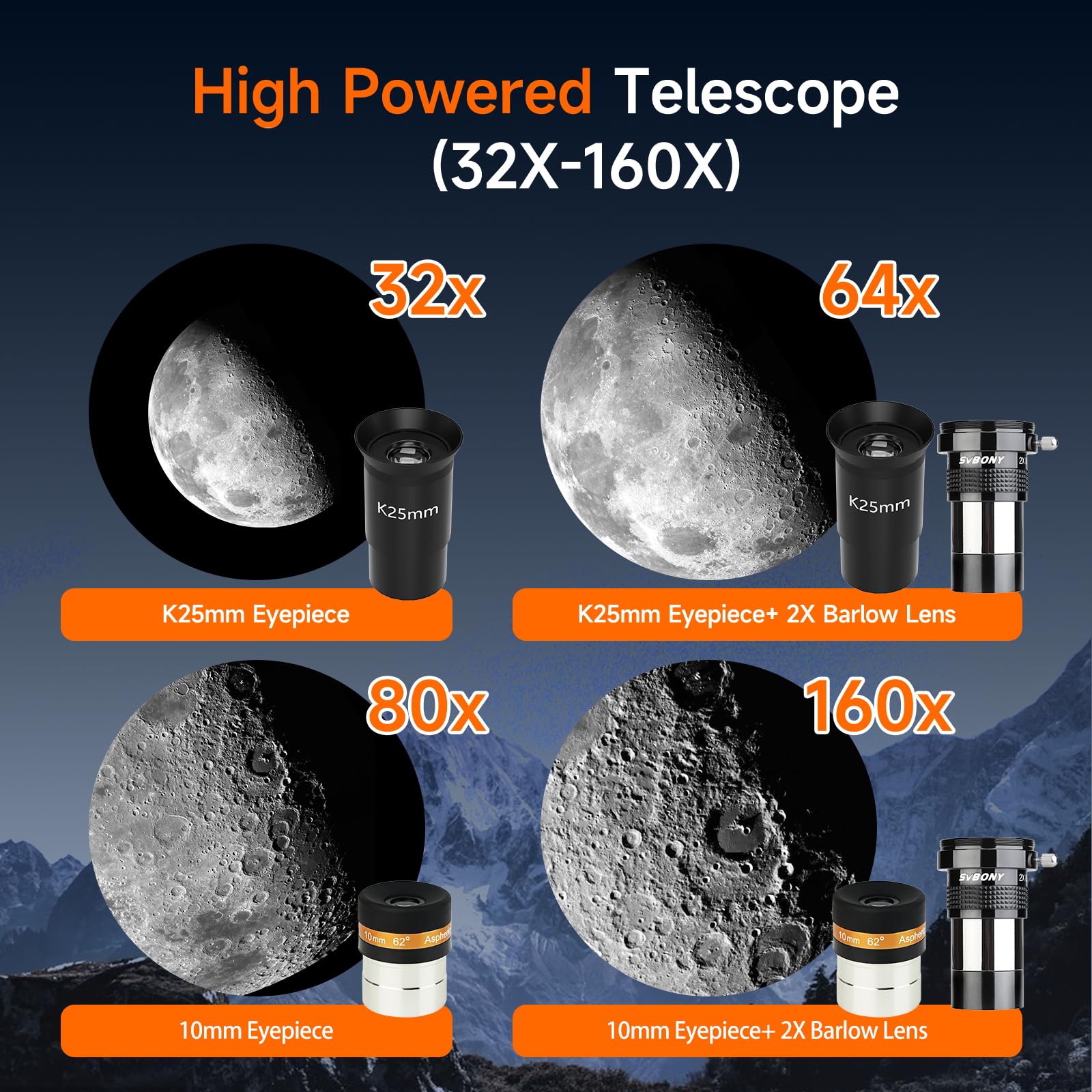 Svbony SV520 Teleskop dla Dorosłych, Apertura 90 mm, Ogniskowa 800 mm, Wszystko Metalowe Teleskop do Astronomii z Montażem Azymutalnym, Kontroler Bezprzewodowy, do Obserwacji Wizualnych