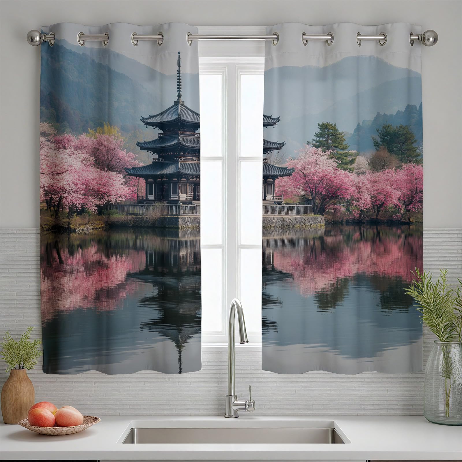 Orientalisch Pagode Verdunkelungsvorhange 2er Set, Asien Natur Landschaft Vorhänge Wohnzimmer 137x117 cm Berg Kirschblüte See Gardine Blickdicht Schallschutz Thermovorhang mit Ösen Fensterdekoration