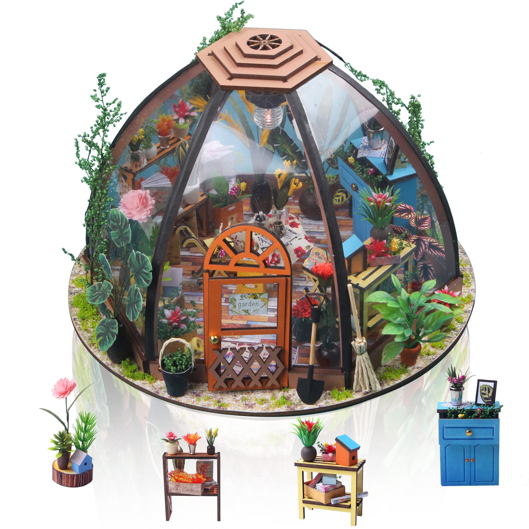 CuteefunMiniature DIY Dolls House Kit, Miniature Greenhouse Craft Kit for Adults, LED Warm Light, Handmade Crafts for Adults Birthday Valentine's Day Father's Day(Starry Flower House)