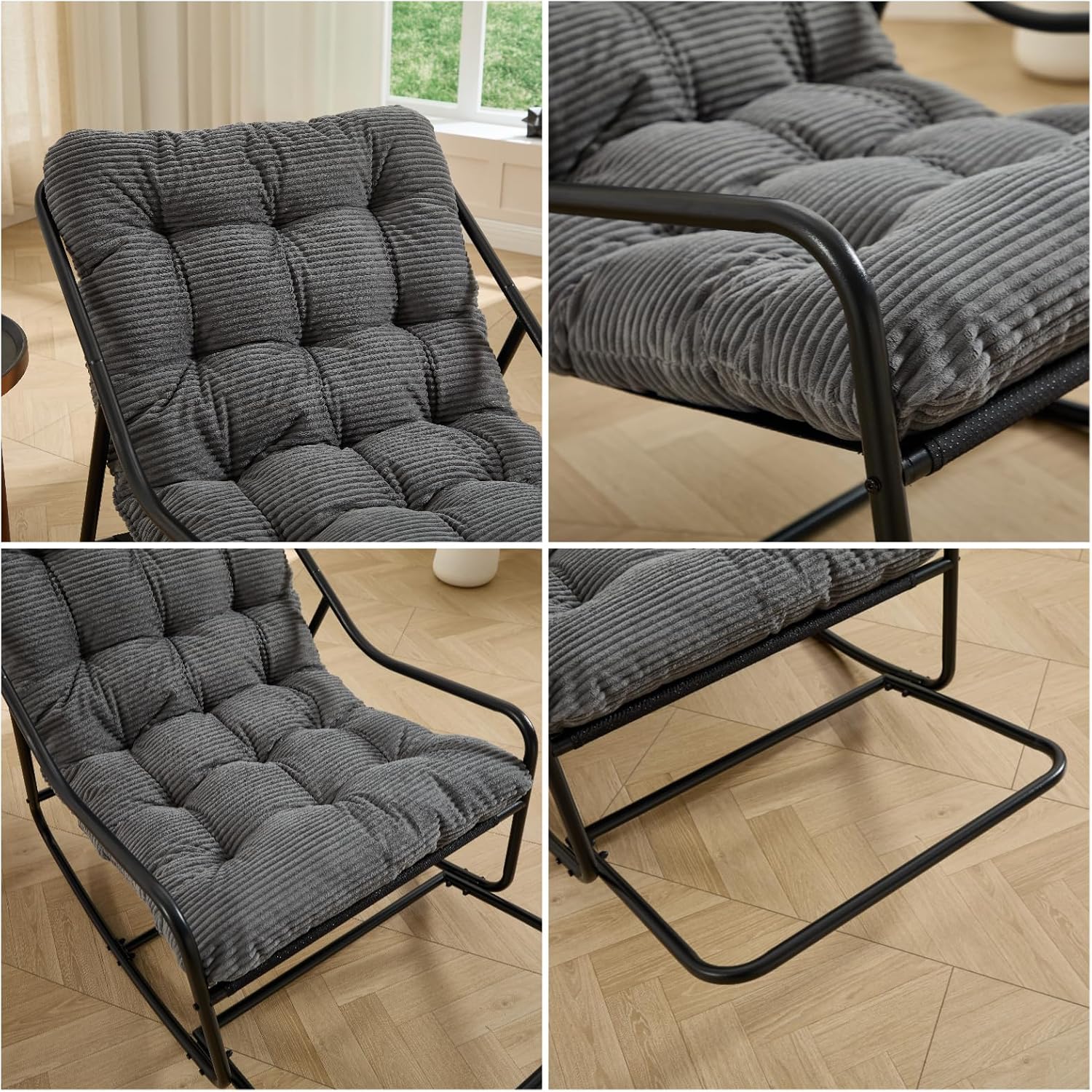 Outdoor Rocking Chair, Patio Recliner Chair with Black Metal Frame & Soft Thick Cushion, Corduroy Upholstered Tufted Rocker Chair with Footstool for Living Room, Soft Lounge Chair, Grey