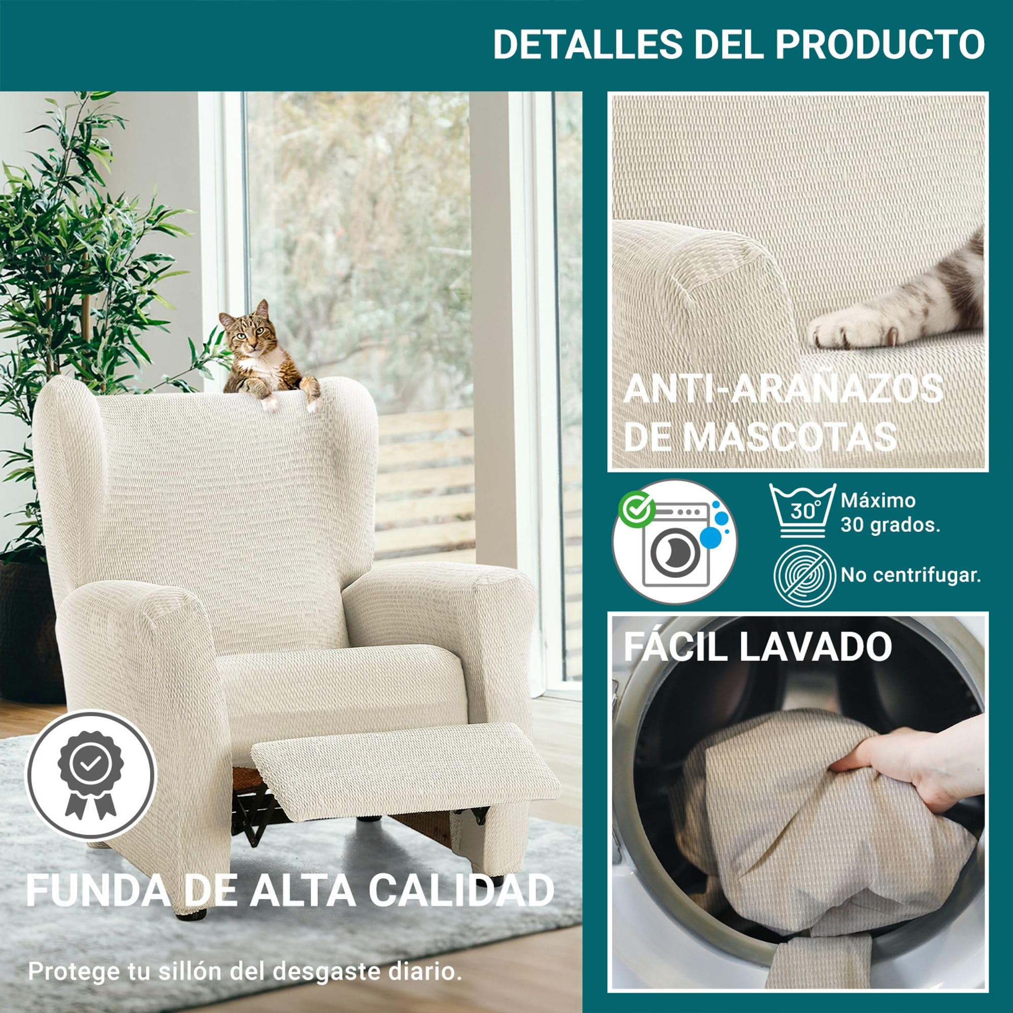ECOMMERC3 Elastischer und extra weicher Bezug für Relaxsessel, elfenbeinfarben, verstellbar, 100% Made in Spain, Elfenbein