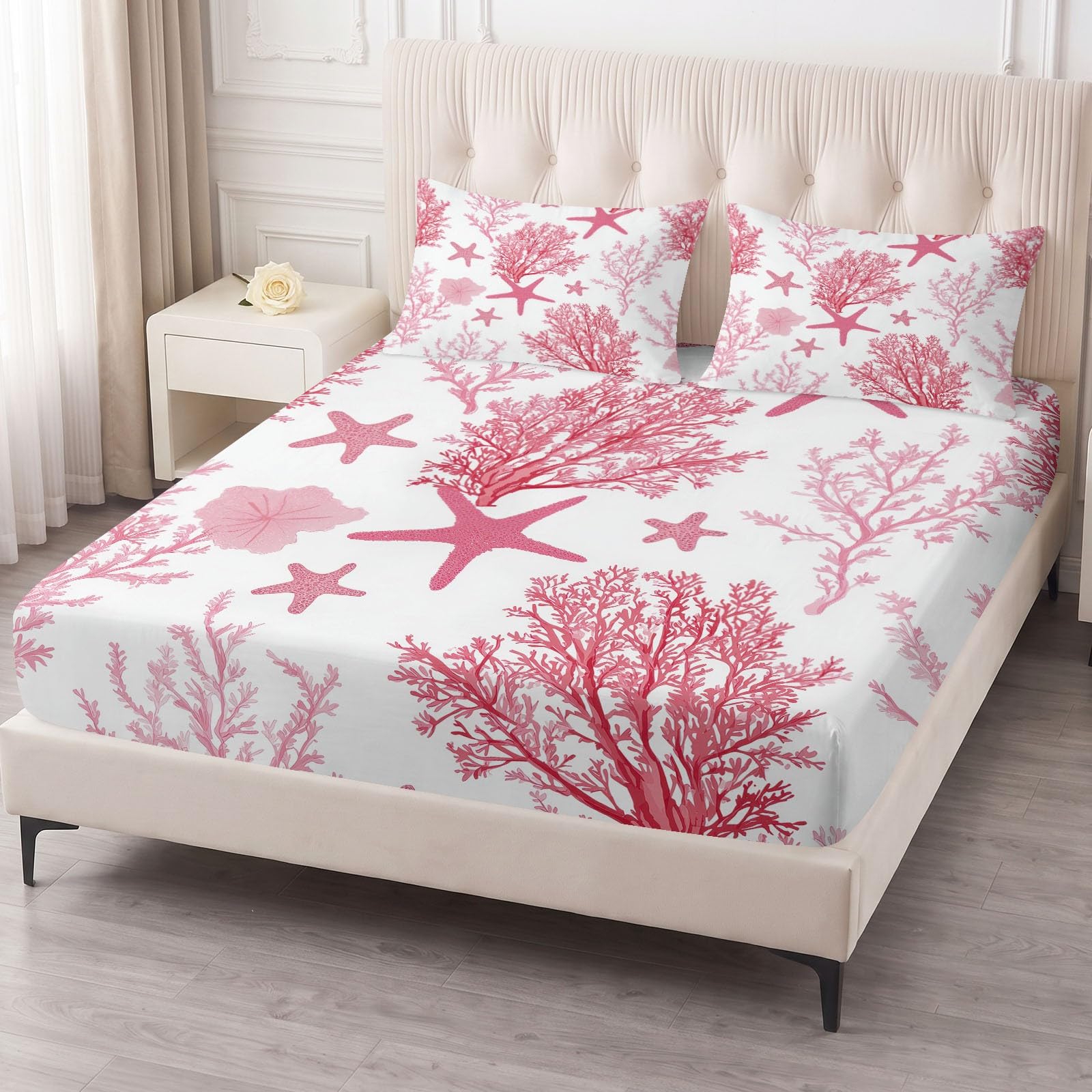 Juego de sábanas bajeras ajustables de 3 piezas, 160 x 200 cm, diseño de estrella de mar coral, de microfibra, estilo costero, tropical, suave y agradable al tacto, transpirable, colchones de hasta 30
