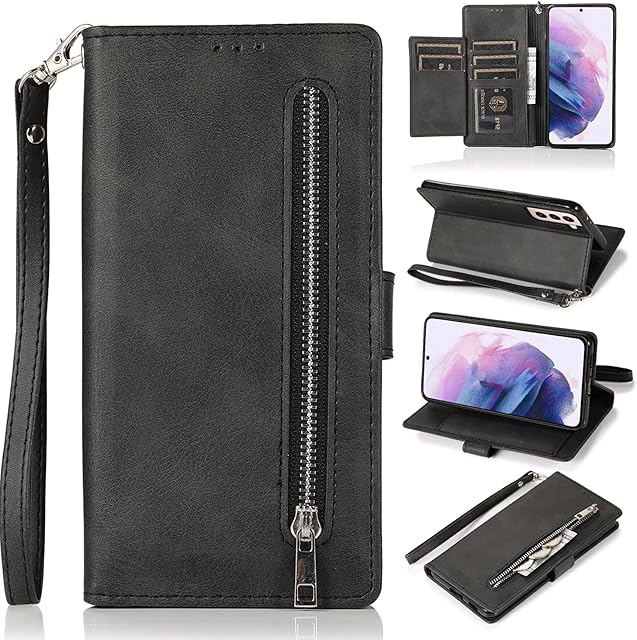 EYZUTAK Wallet Case for Samsung Galaxy S21 FE 5G, 5 Card Slots Magnetic Closure Zipper Pocket Handbag PU Leather Flip Case with Wrist Strap TPU Kickstand Cover for Samsung Galaxy S21 FE 5G - Black