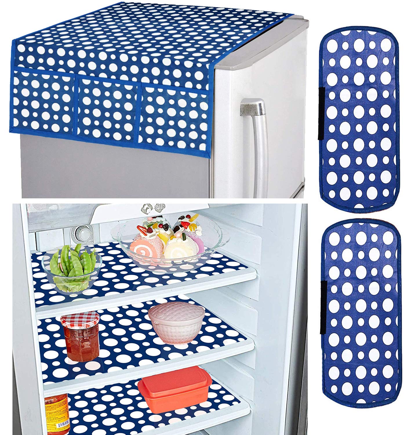 Amazon Brand - Solimo PVC Fridge Organiser Set, (3 Pieces Mat, 2 Pieces Handle Cover, 1 Top Cover), Polka, Blue