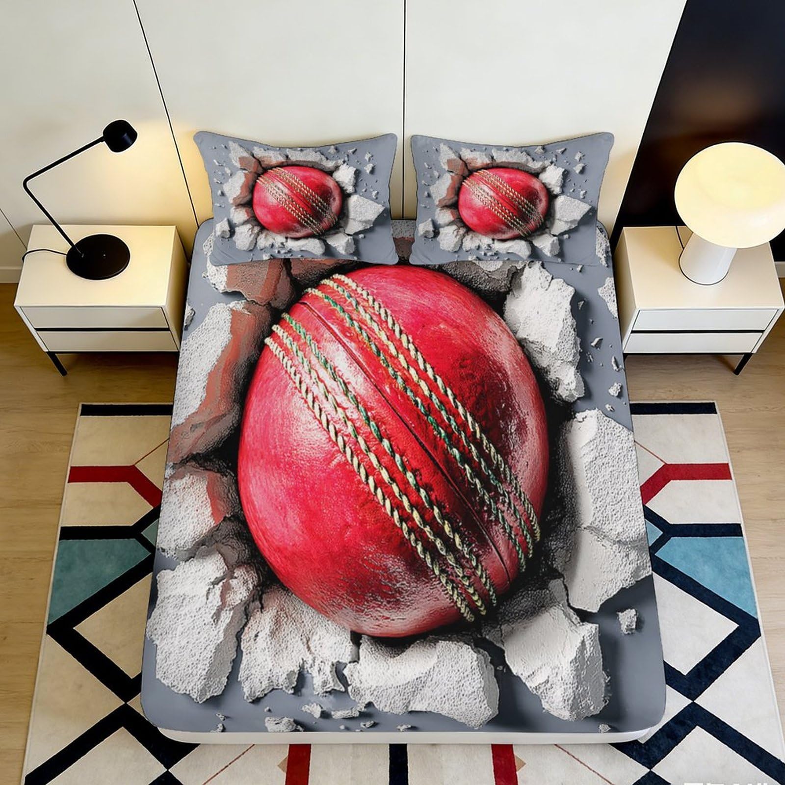 Uxinyoume Style-9 3D Printed Cricket Ball Fitted Sheet Microfiber Soft Breathable Cracked Stone Bed Cover For Bedroom Guest Room Decor 90X200x25cm