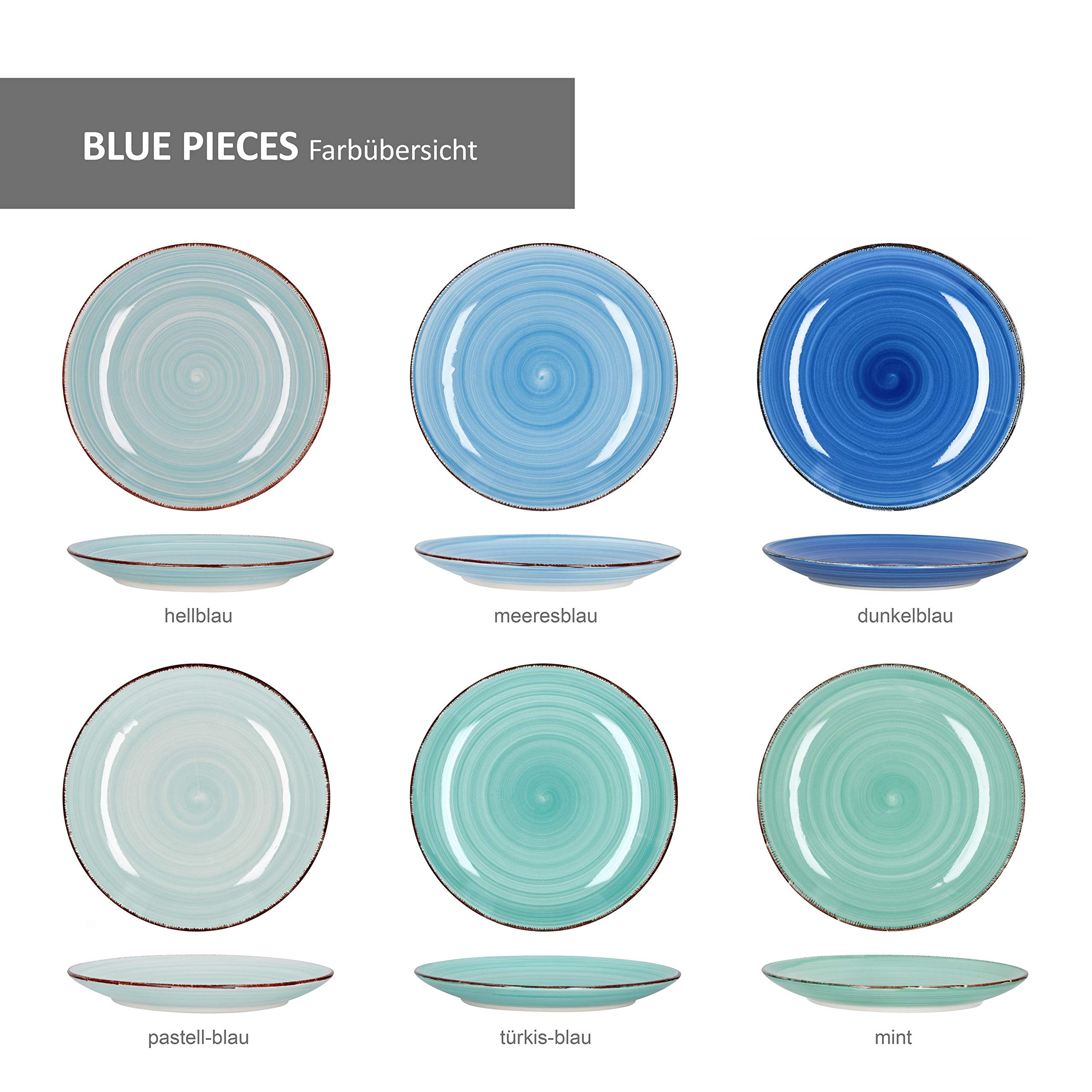 MamboCat Blue 18-TLG. Teller-Set blau I Robustes blaues Steingut-Geschirr für 6 Personen I je 6 Flache Speiseteller - Tiefe Suppenteller - kleine Kuchenteller I Blaue Teller 18 Teile