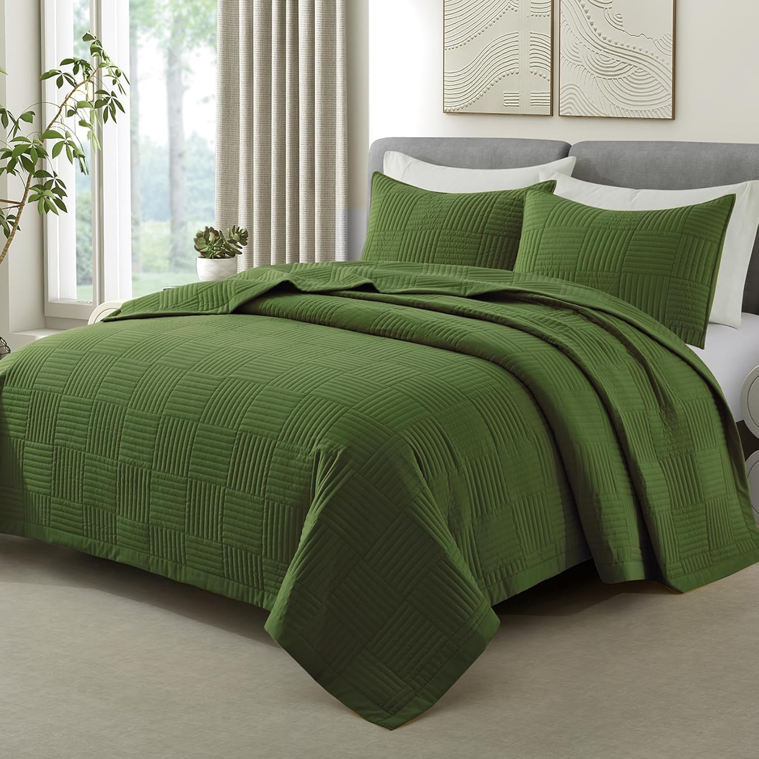 Lavsiry Queen Olive Quilt Set, Summer Lightweight Full Size