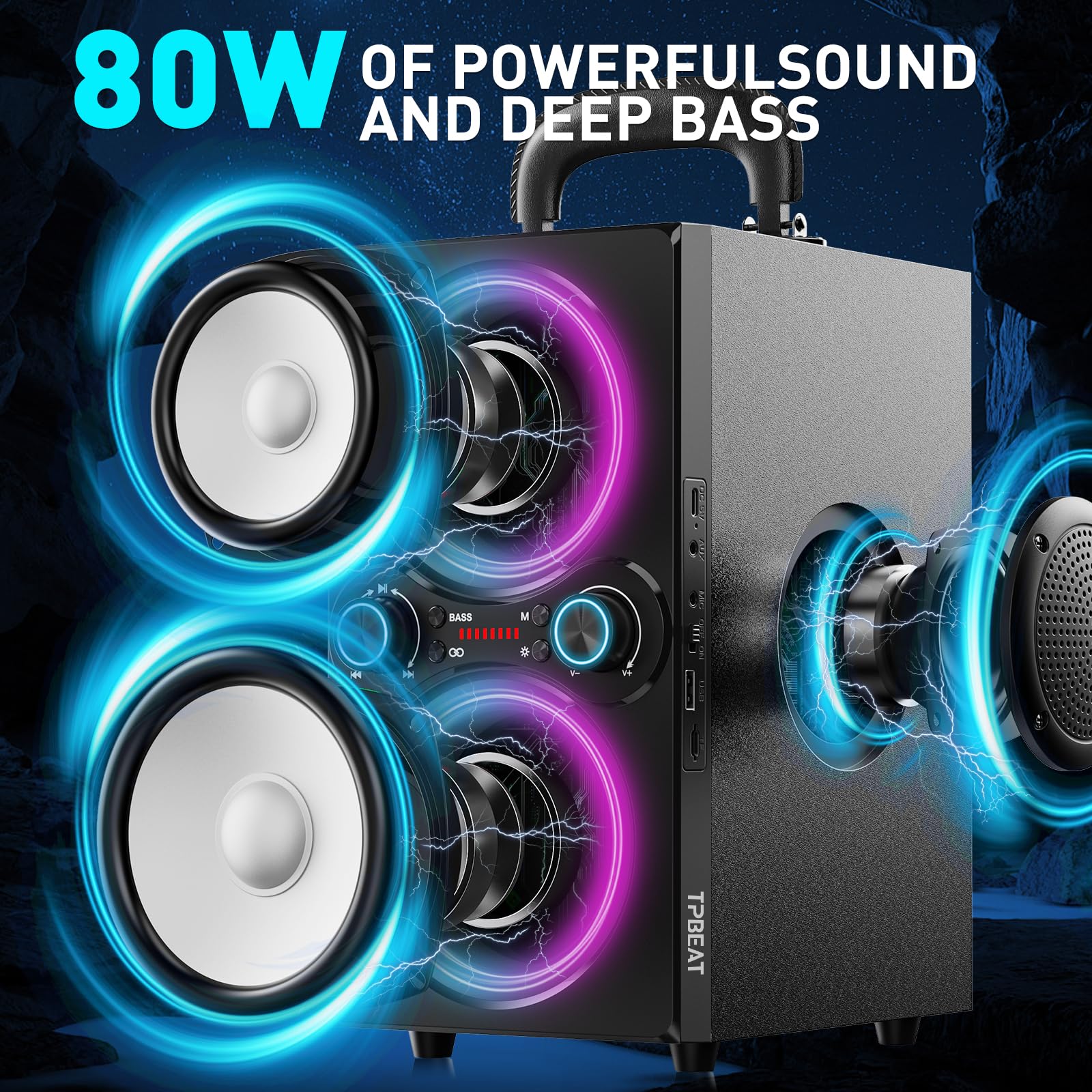TPBEAT Bluetooth Lautsprecher, 80W Wireless Bluetooth Box Musikbox Groß, Bass Boost, with Licht, 100dB Huge Sound TWS Stereo Party Soundbox, mit Mikrofon Eingang/USB/TF/AUX