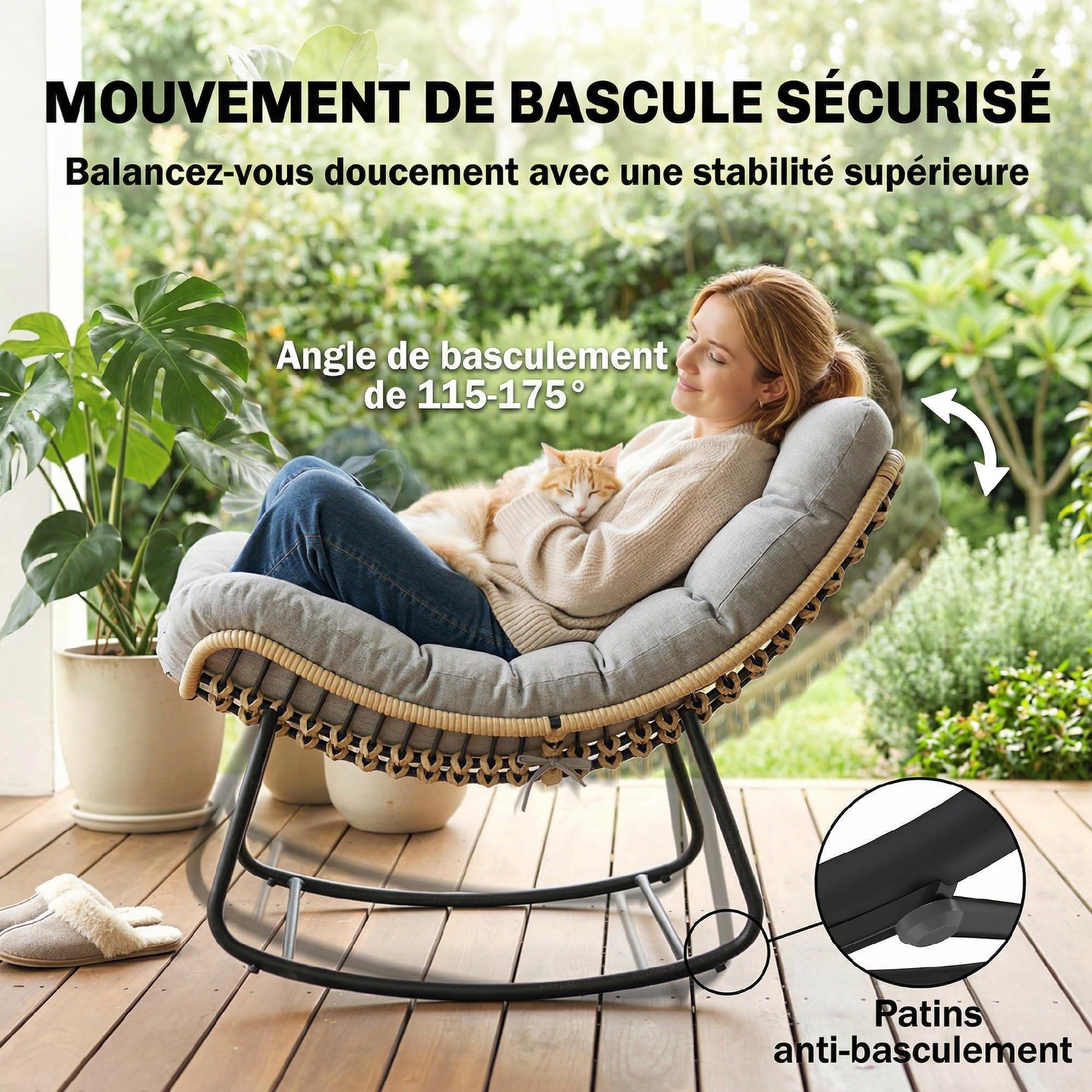 Outsunny Fauteuil à Bascule de Jardin pour Intérieur et Extérieur, Rocking Chair en Résine Tressée avec Coussin Moelleux, Fauteuil Œuf pour Terrasse, Balcon, Chambre, 110 x 87 x 70 cm, Gris