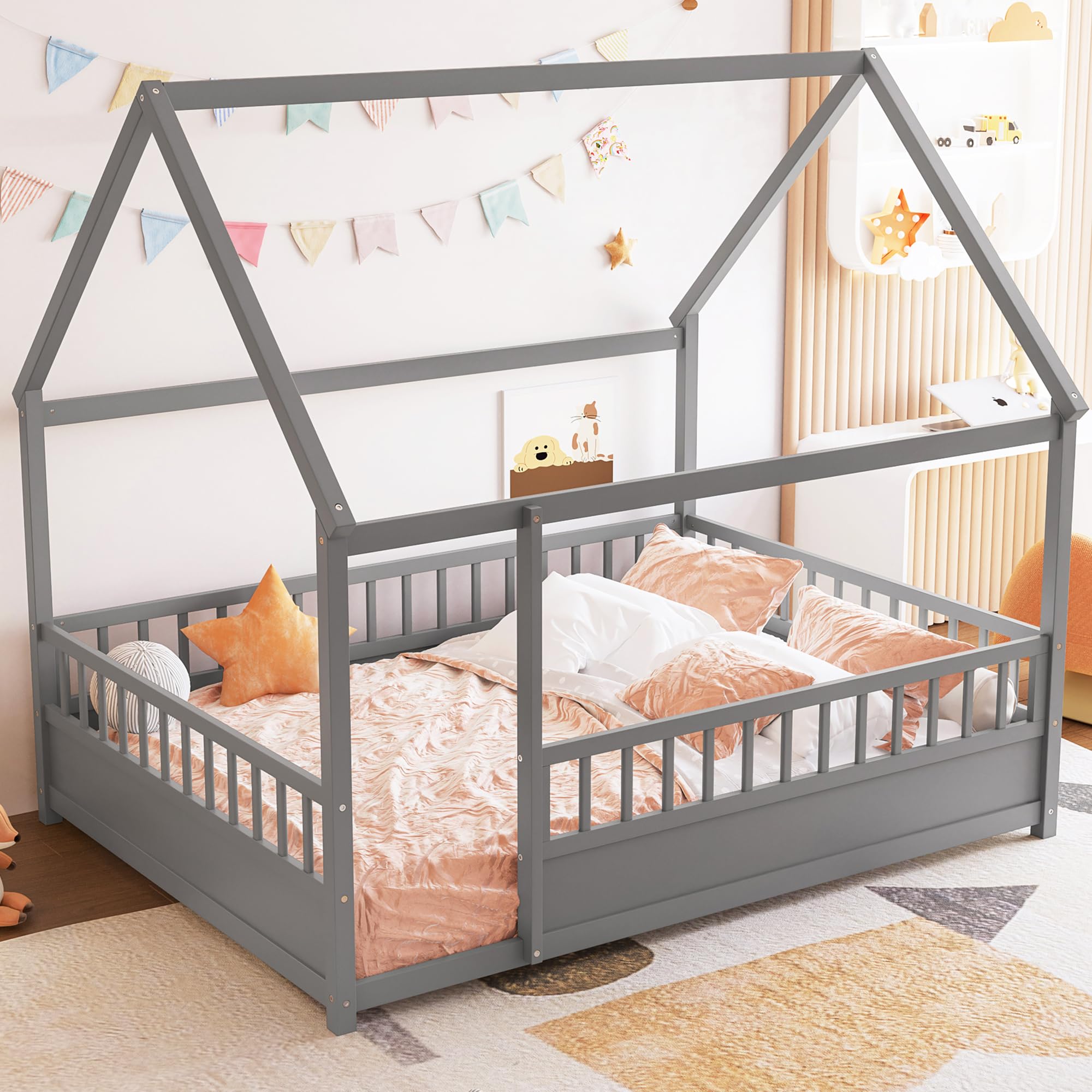 Bellemave Full Size Montessori Floor Bed with Fence, House Floor Bed with Guardrails and Roof, Easy Assemble Montessori Bed Frame for Girls, Boys