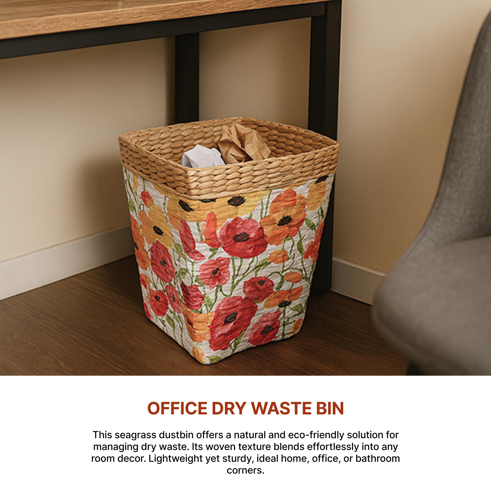 Habere India-All the Cultures Fabricating India Waste Bin | Paper Bin | Home & Office Dustbin | Trash Can Basket | Trashcan for Dry Waste | Seagrass Dustbin (Design 01- L26 x W26 x H25 cm) 3