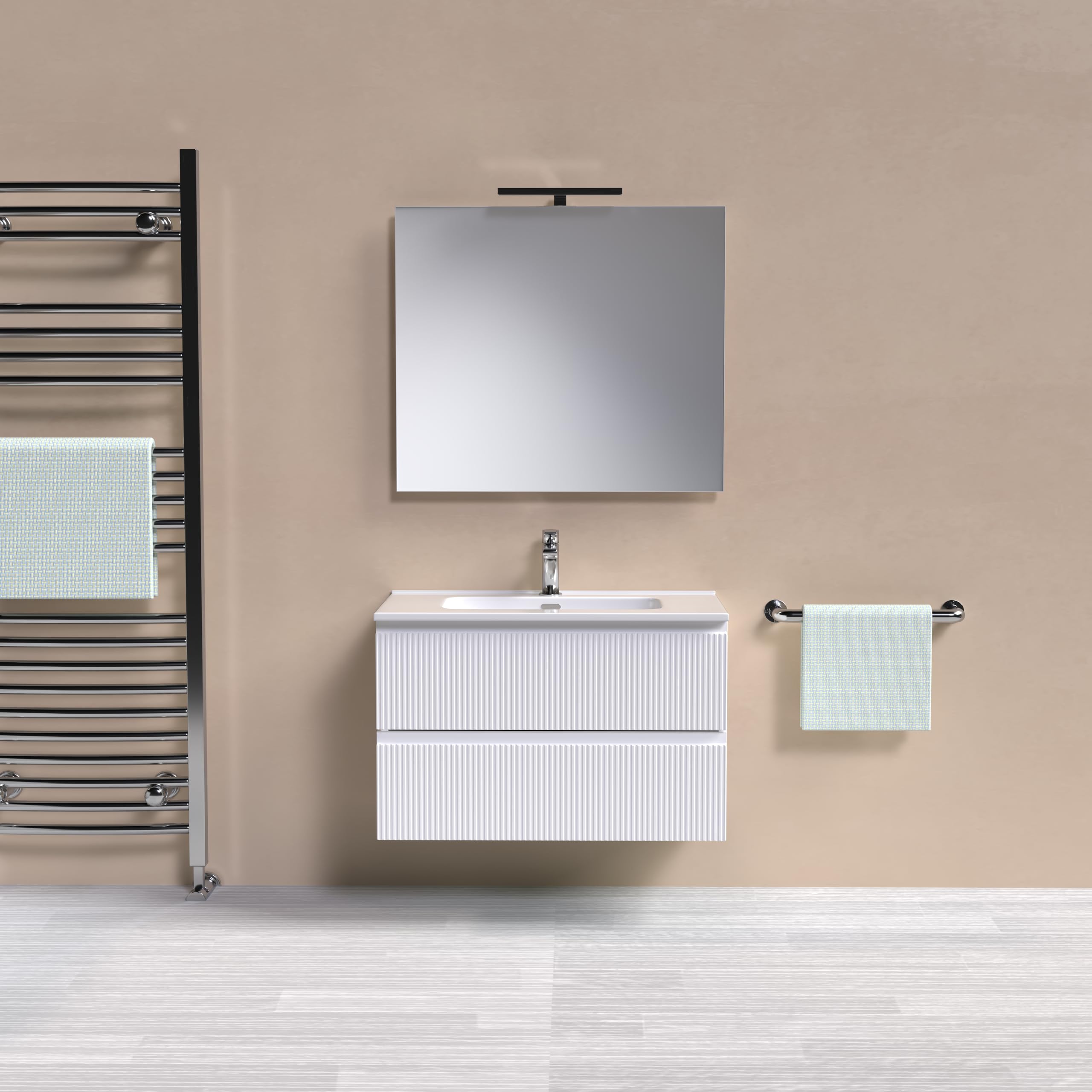Mobile bagno EOS 80cm Doppio Cassetto Cannettato con lavabo, specchio e lampada BIANCO OPACO – MaMa Store