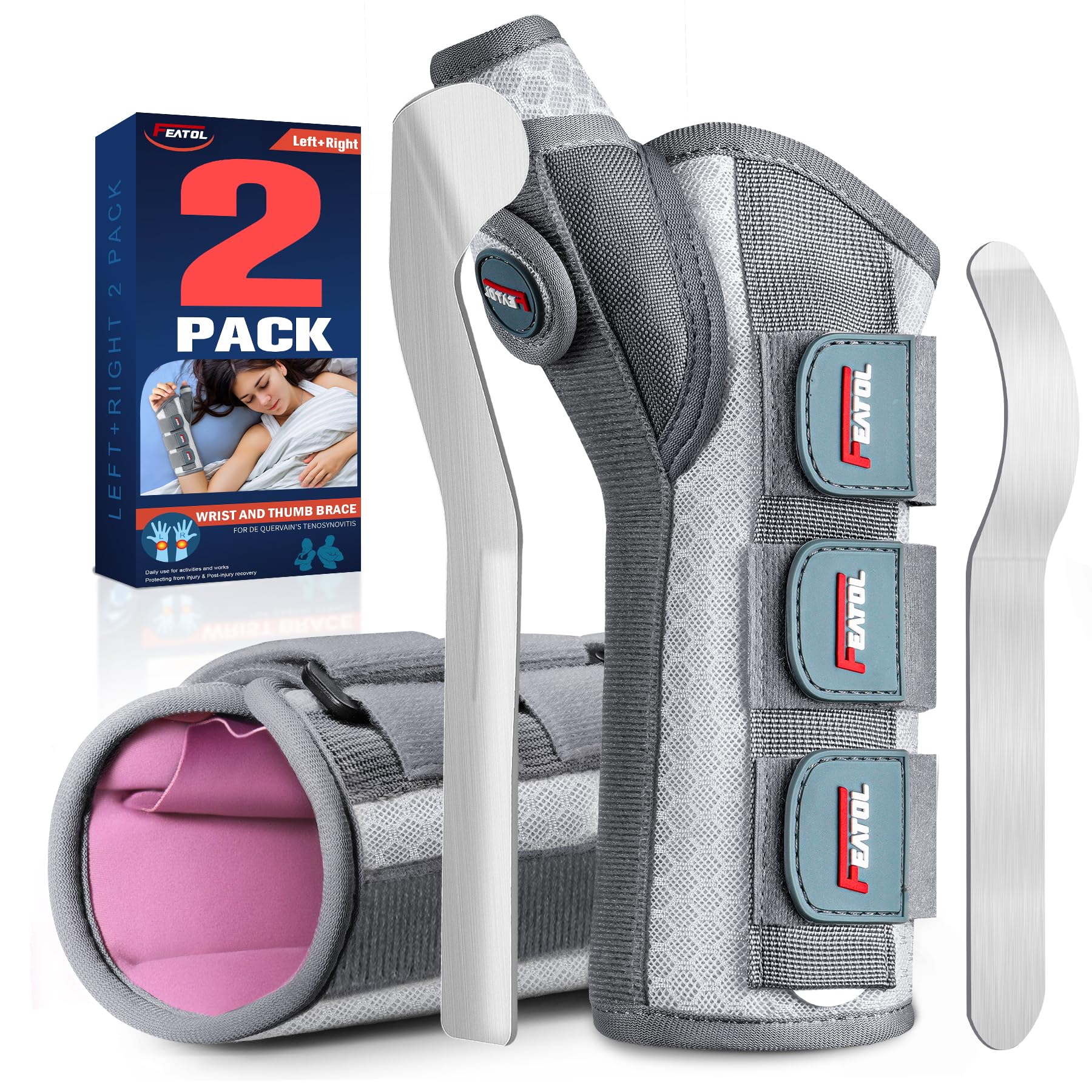 FEATOL 2 Pack Wrist Brace with Thumb Spica Splint for De Quervain's Tenosynovitis, Carpal Tunnel, Tendonitis, Arthritis-Thumb Brace for Pain Relief-Left & Right-L/XL-White Pink