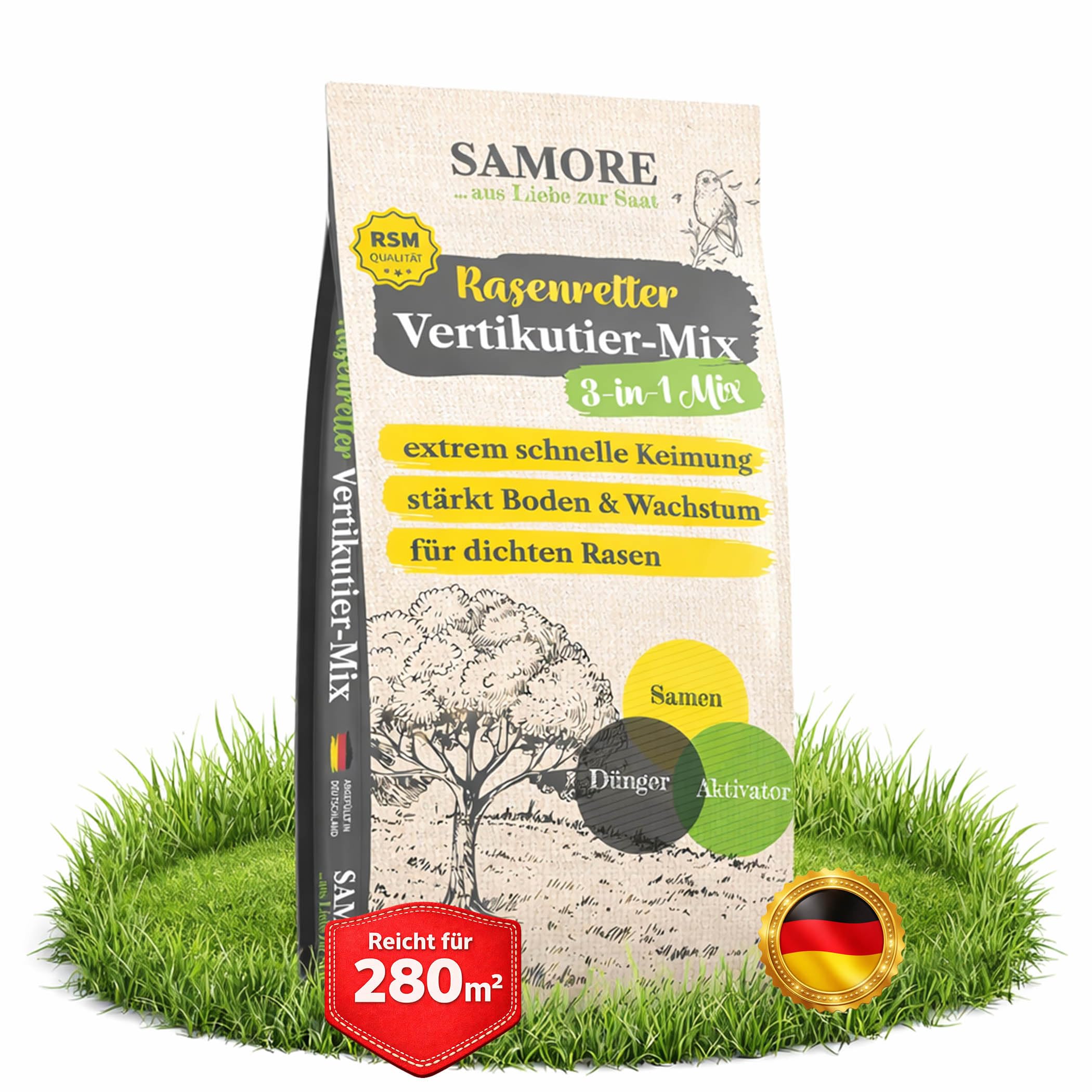 samore - "Rasenretter" Vertikutiermix I Rasendünger, Rasensamen & Bodenaktivator I 3in1 Rasenreparaturmischung I Rasendünger Frühjahr mit Grassamen gegen kahle Stellen I Nachsaat (8 Kg für 280 m²)
