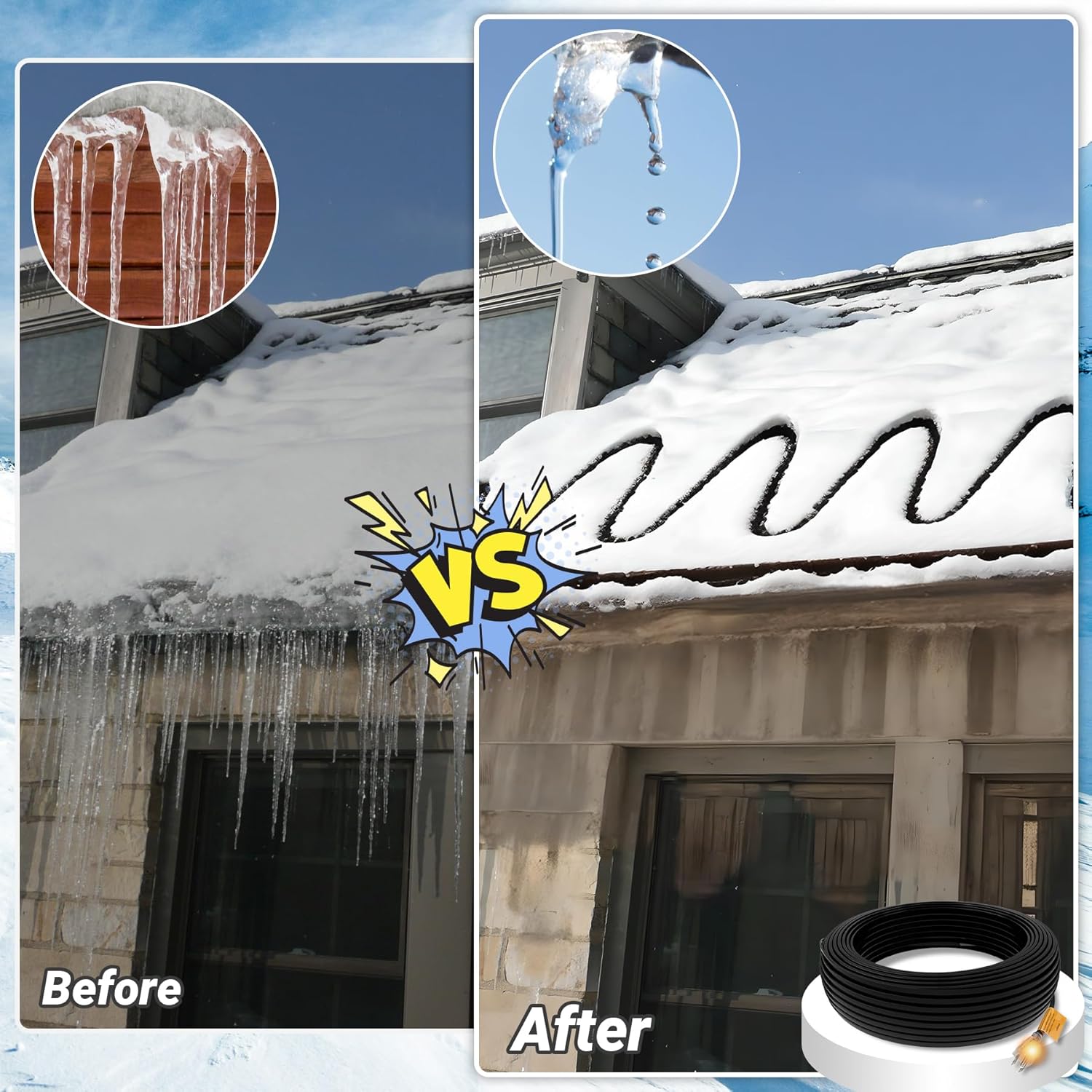 100FT Heat Tape for Roof and Gutters, 8W/FT Roof Snow De-Icing Kit w/ 45PCS Clips & Spacers, Self-Regulating Heat Cable, Roof Heat Tape for Ice Dam & Pipe Freeze Prevention, 120V, LED Plug
