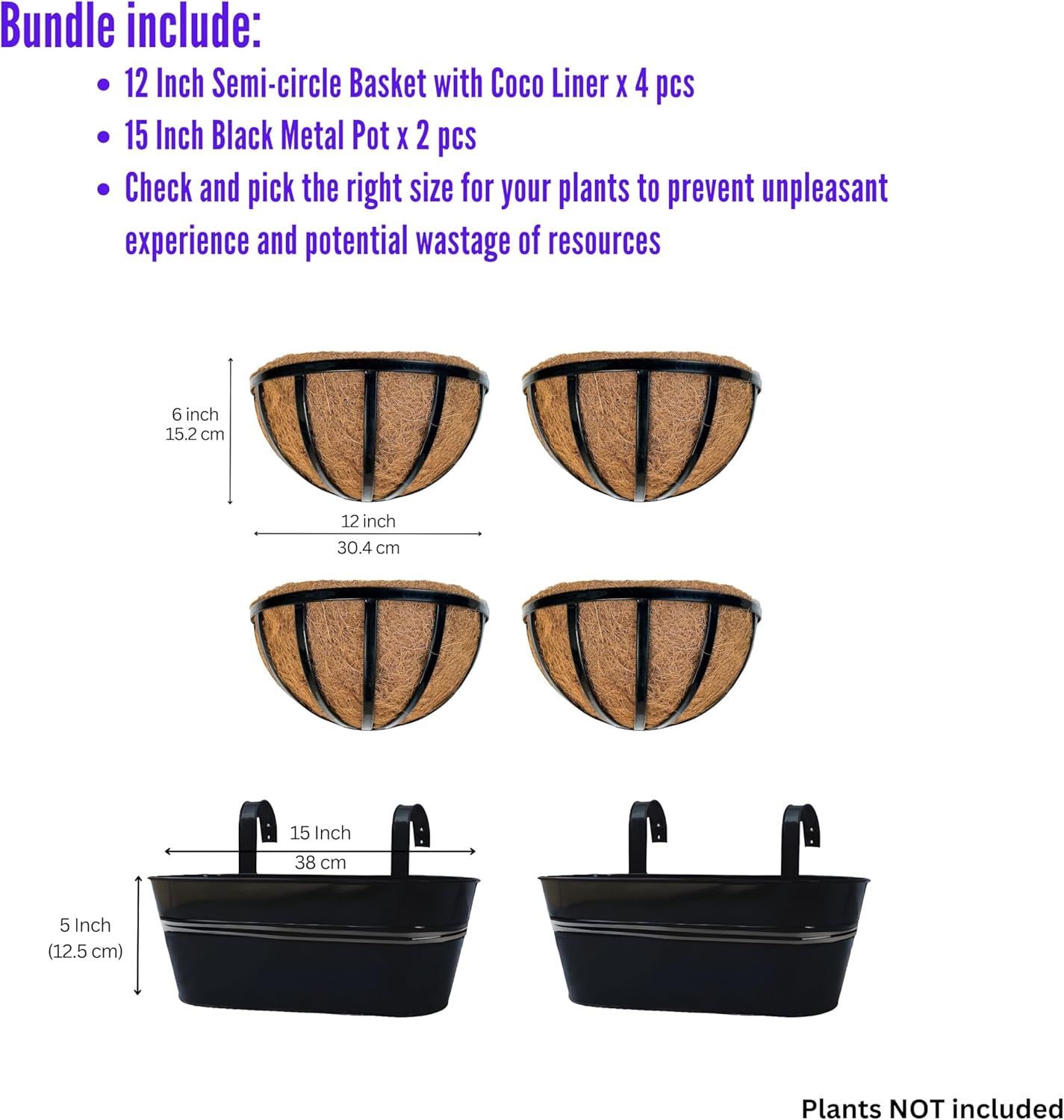 LaLaGreen Bundle- 2-Pack, 15 Inch Black Metal Pot + 4-Pack, 12 Inch Hanging Basket with Coco Liner Semi-Circle Wall mount Flower Holder Modern Horse Through Outdoor Planter Window Box Porch Rail Decor