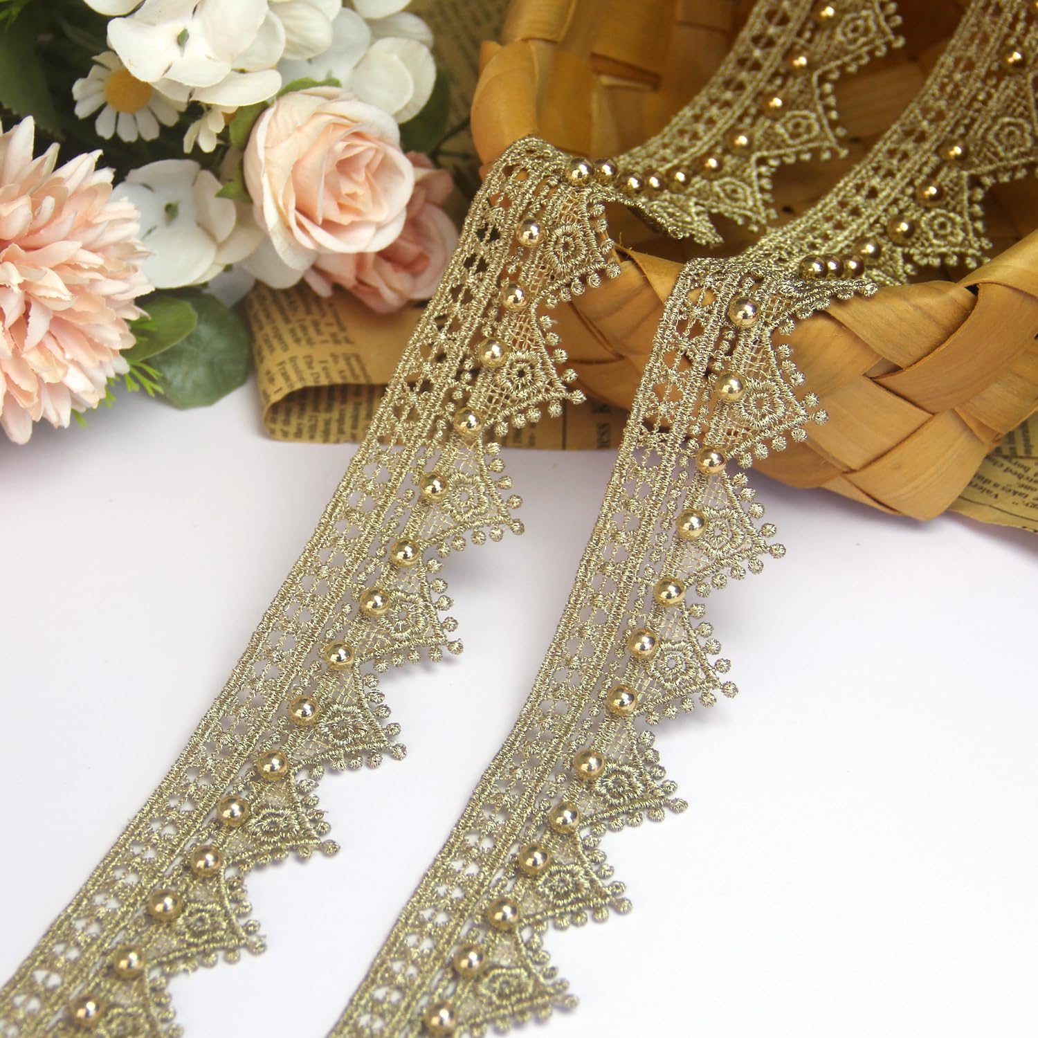 Gold Lace Ribbon with Beads,Gold Lace Trim Ribbon for Crafts,Golden Beaded Border for Sewing,Decorative DIY,Dresses,Gowns,Weddings,Handbag(1.3 Inch Width 3 Yards)