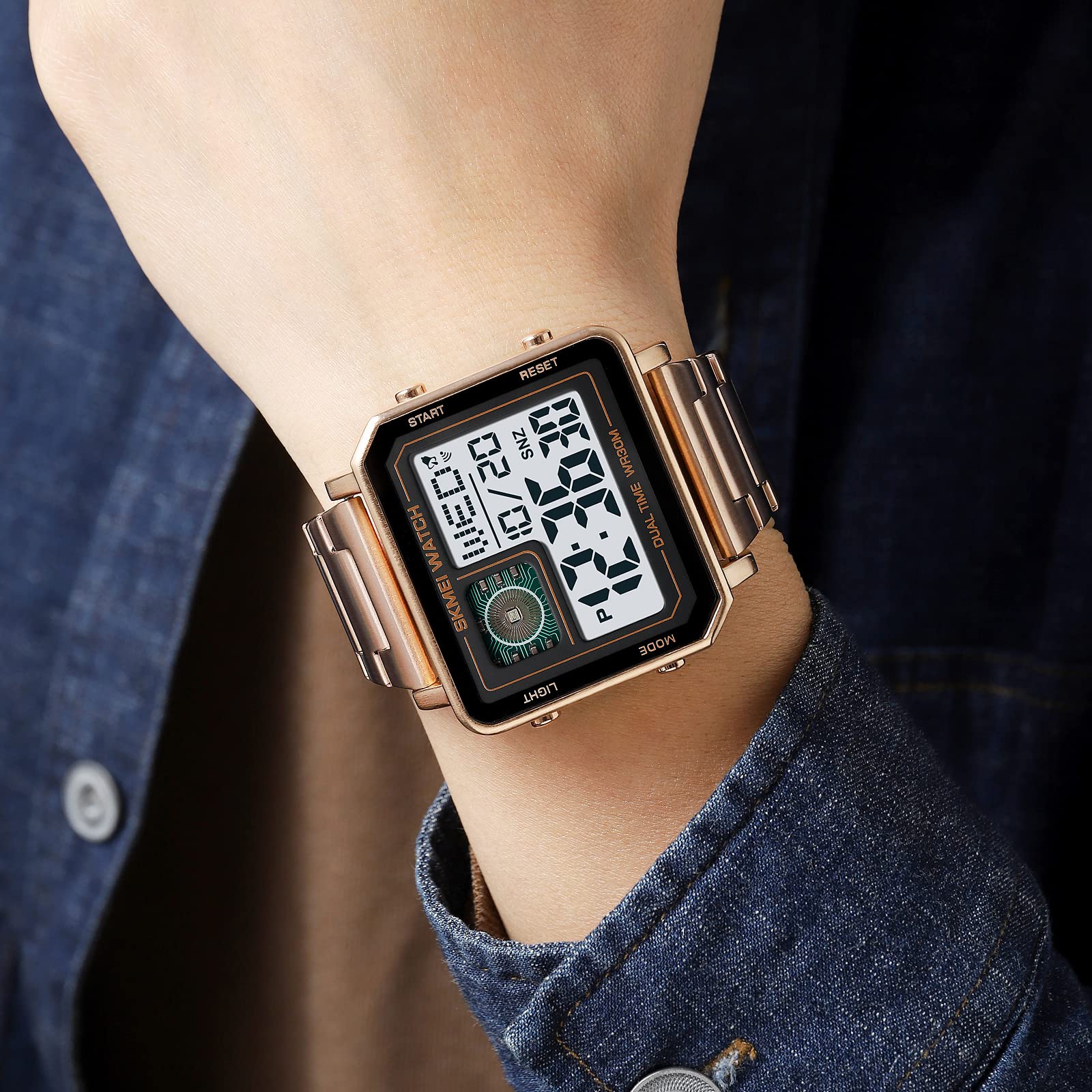 Gosasa Orologio sportivo digitale da uomo, quadrato, con quadrante grande, in acciaio inossidabile, analogico, al quarzo, con cronometro impermeabile, Oro rosato, Digitale