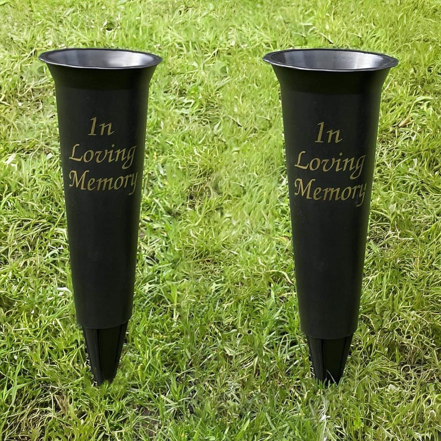 Set of 2 In Loving Memory Grave Vases -Strong Plastic Grave Ornaments in Black Colour, Grave Side Flower Holders and grave vases with spike for Fresh or Artificial Flowers.