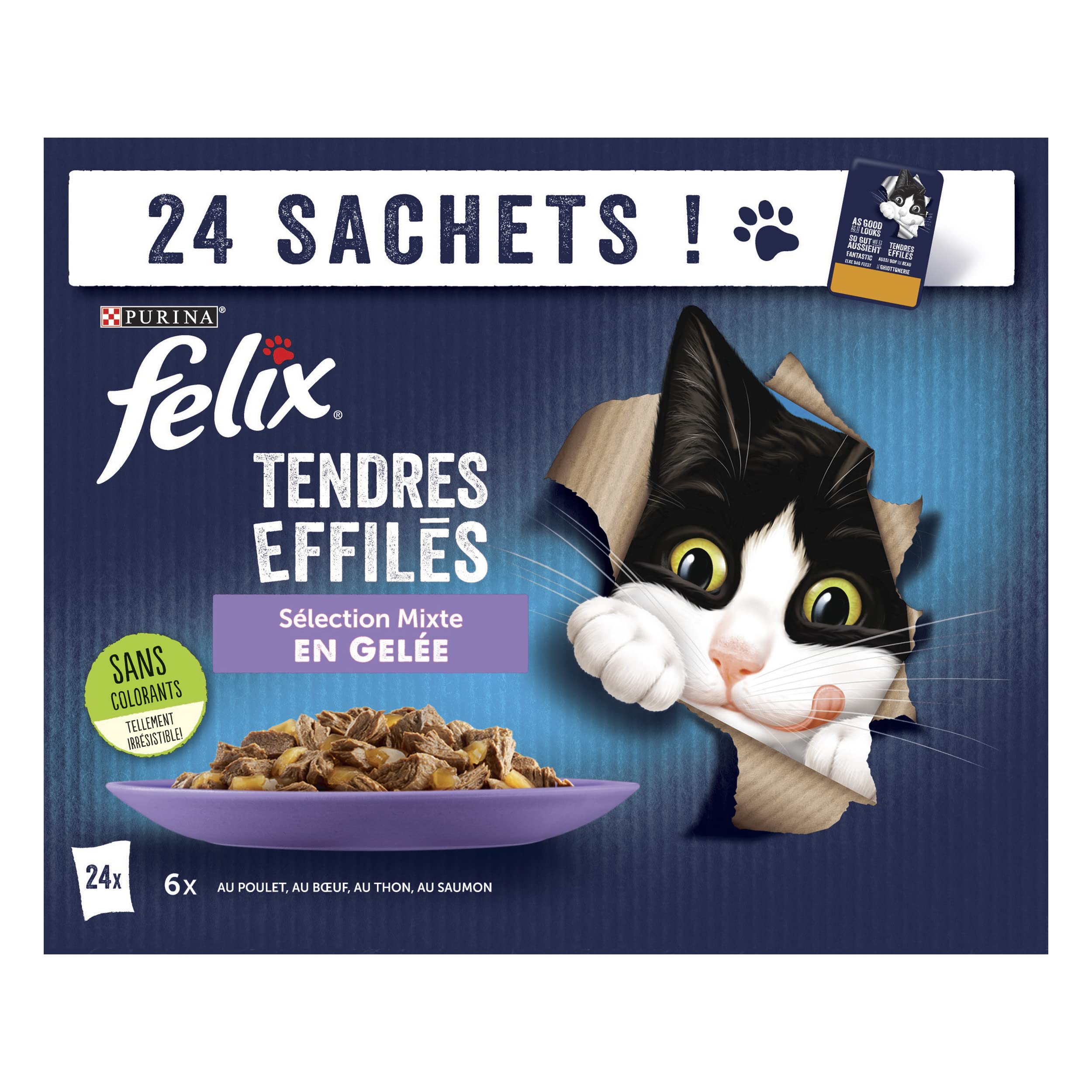 FELIX Tendres Effilés en Gelée | Chat Adulte | Sélection de Poulet, Bœuf, Thon, Saumon | Lot de 24 x 85 g| Sachet fraicheur - Lot de 4