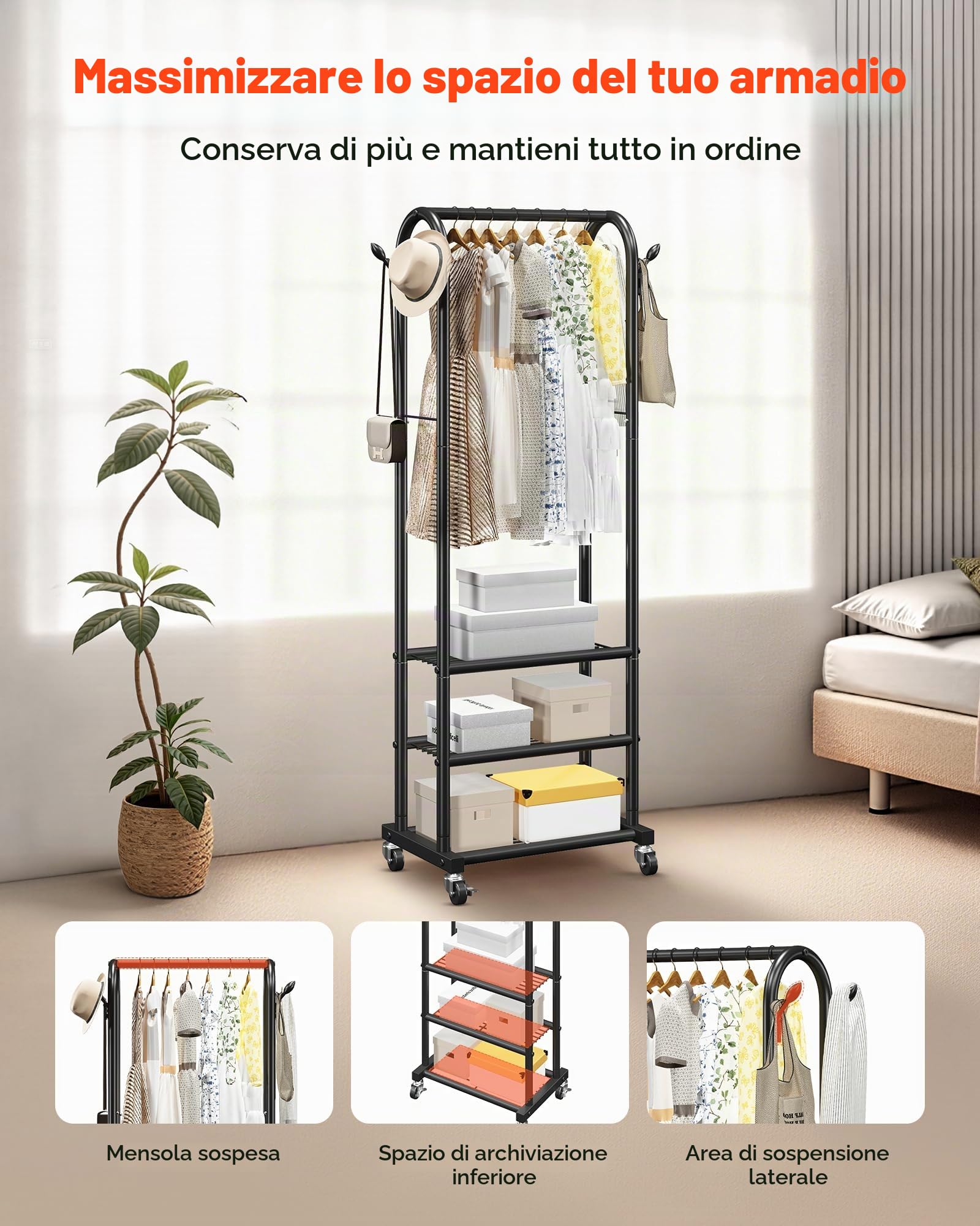 VEVOR Appendiabiti con Rotelle Barra Appendiabiti e 3 Ripiani Capacità di Carico Fino a 45 kg Robusto Appendiabiti in Acciaio al Carbonio per Camera da Letto, Lavanderia, Soggiorno, Nero
