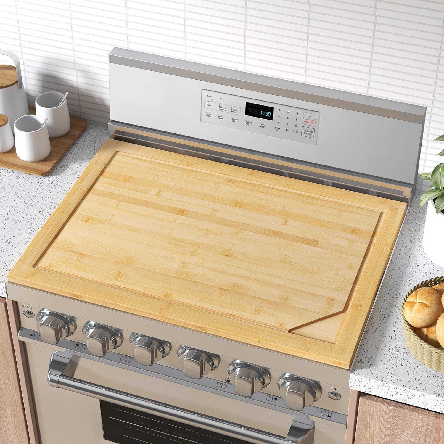 Bamboo Stove Cover Board 30"x22" - Multi-Functional Gas/RV Stovetop Protector with Built-in Cutting Board & Noodle Prep Surface, Expandable Counter Space Kitchen Organizer (Natural) 30"x22"x0.7" Bamboo - Natural Color