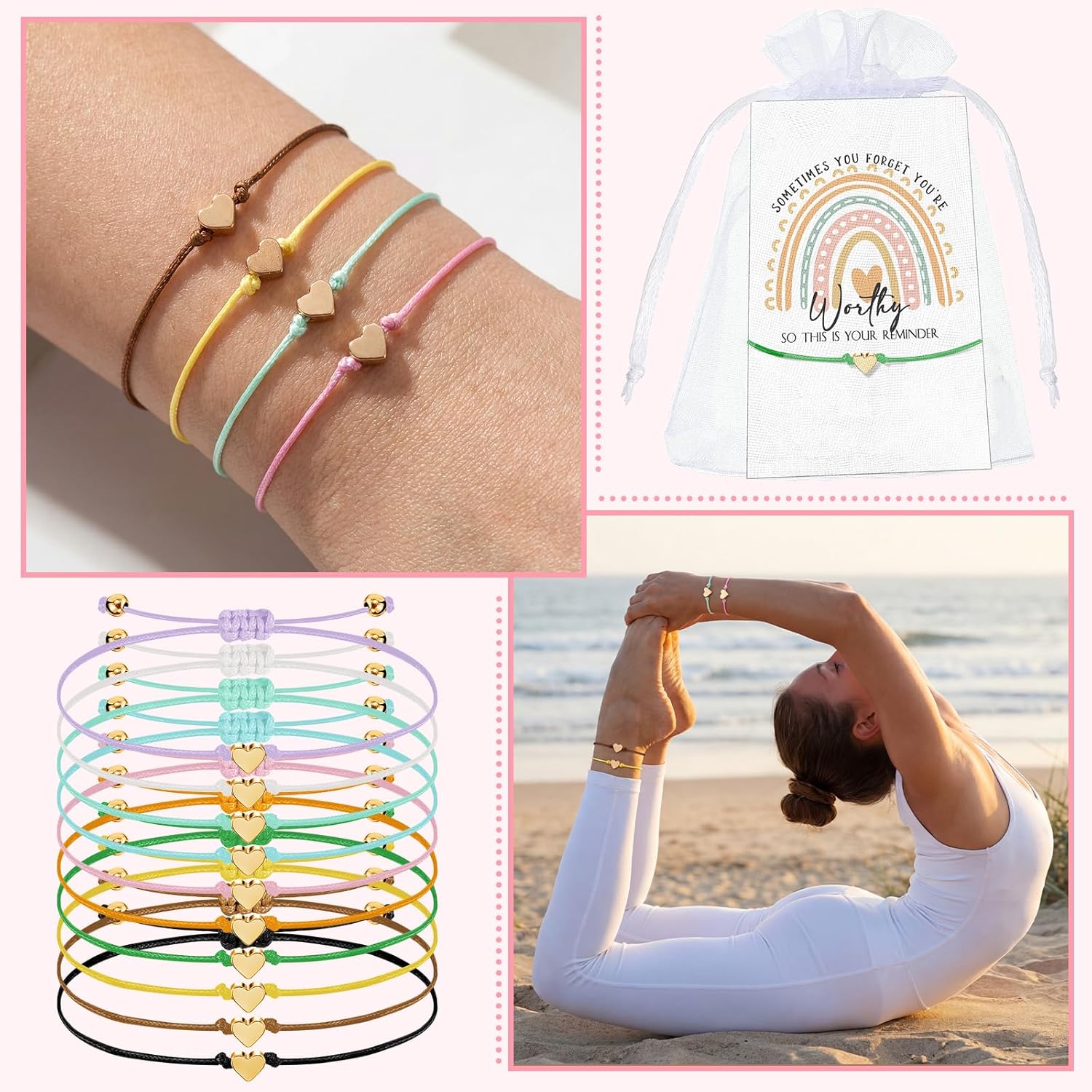Fumete Inspirational Bracelets for Women Friendship Bracelets Bulk Motivational Friendship Gifts Encouragement Thank You Gifts Heart Shaped String Jewelry with Cards Bags for Female Friend - Image 4