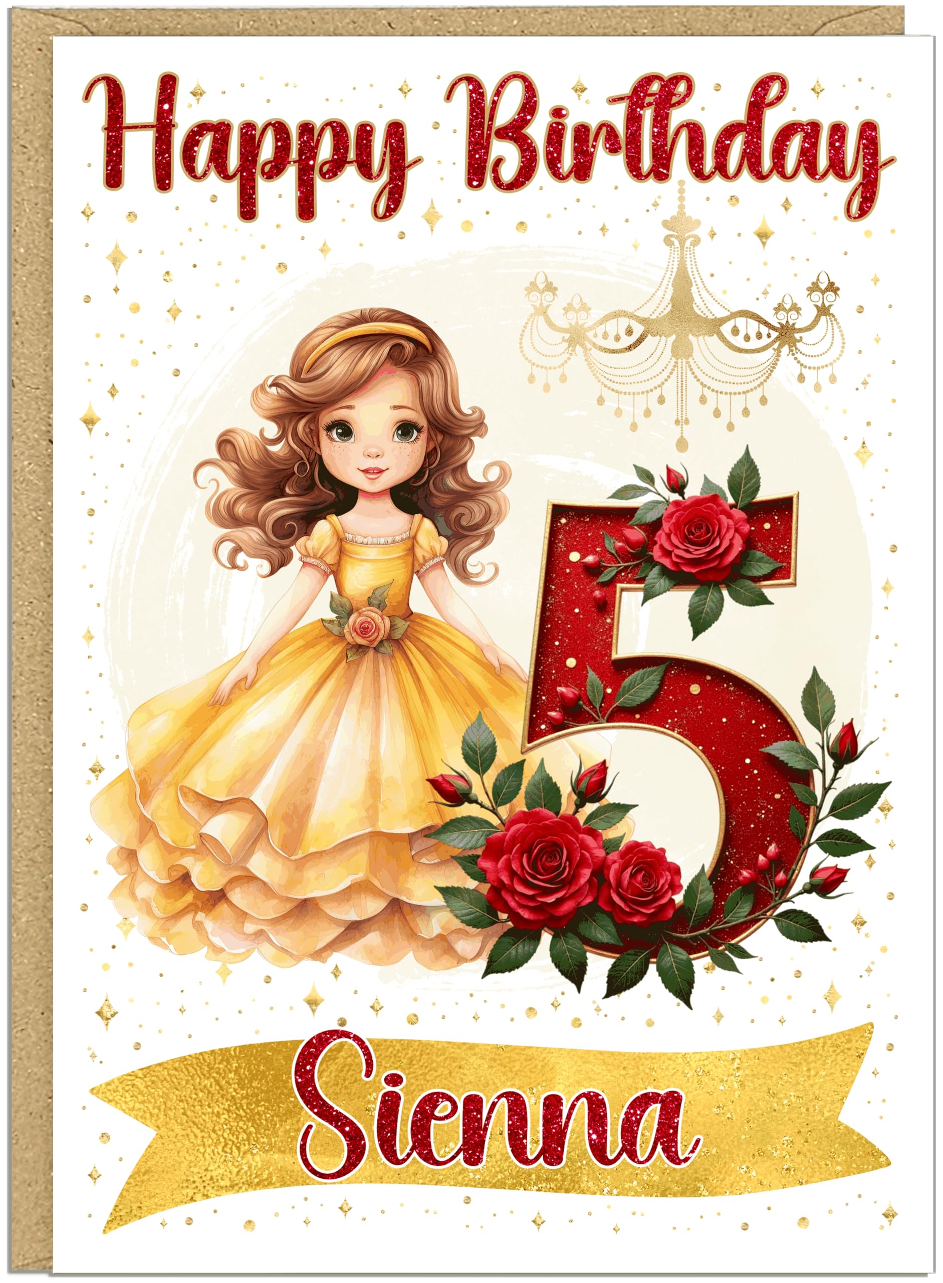 Personalised Age Happy Birthday Princess Card | Custom Child's Name Cards | Red Roses Yellow Princess Dress Design For Little Girls | Daughter Granddaughter Sister Friend Cards (Age 5)