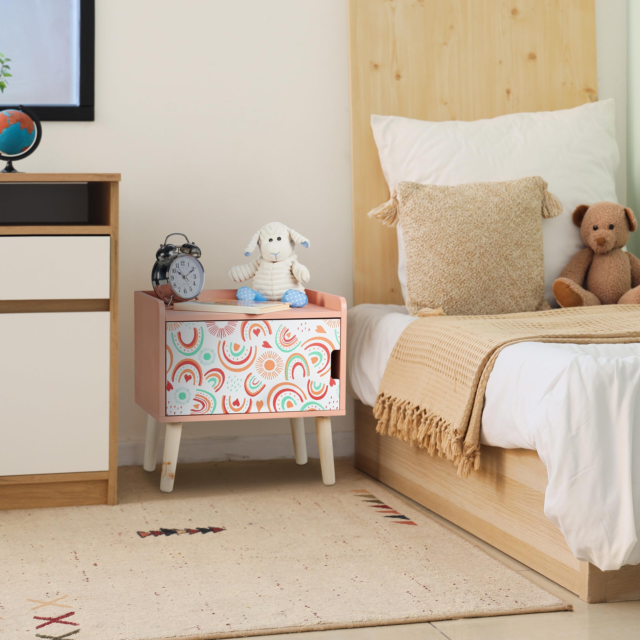 Relaxdays Table de Chevet, pour l'enfant, Case, Design météorologique, Bois de pin et MDF, HLP 41x40x30 cm, Multicolore