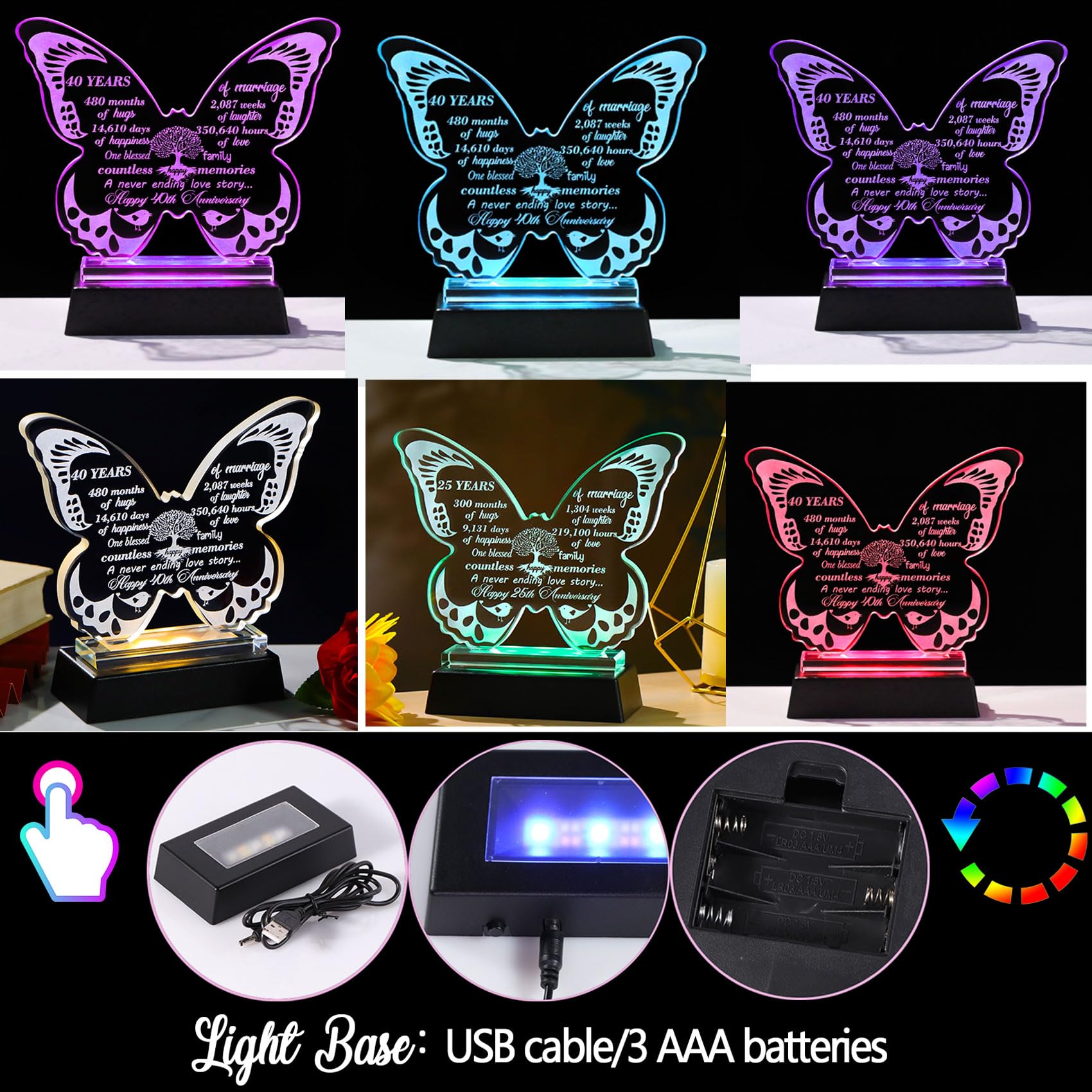 13.6cm Glass Happy 40th Wedding Anniversary Crystal Butterfly Gifts for Parents 40 Years of Love Anniversary Keepsake with LED Base Presents for Wife Friends Women Men - Image 2
